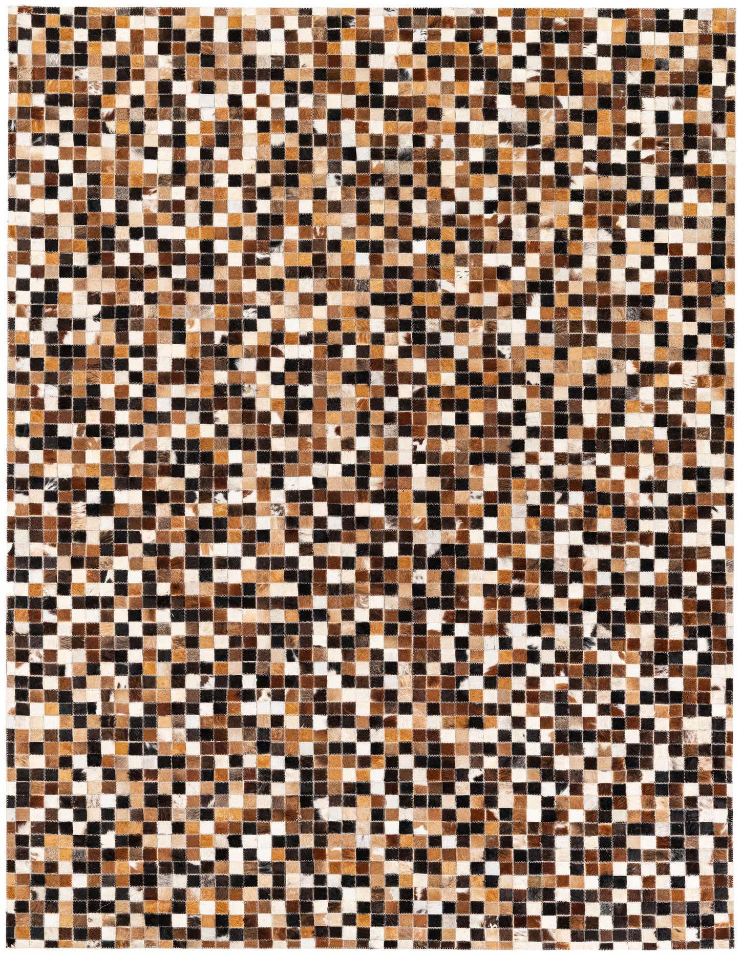 A 5x8 rectangular Cowhide Stocks rug from Rugs.com, featuring a modern patchwork of multi-colored cowhide and leather squares in brown, black, and white tones.