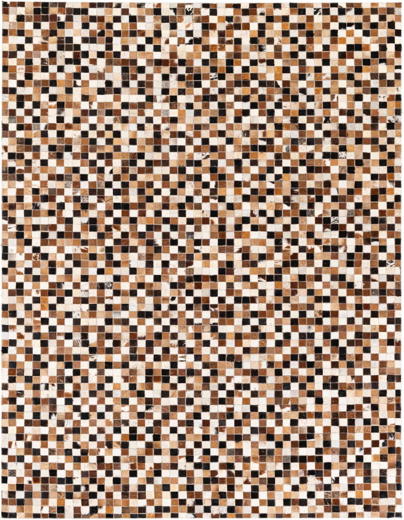 A 5x8 rectangular Cowhide Stocks rug featuring a modern patchwork of multi-colored cowhide squares in shades of brown, black, and white.