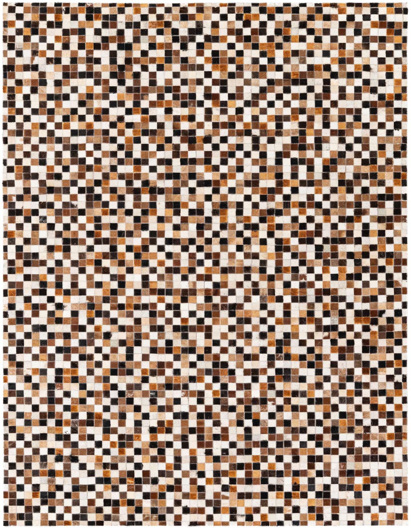 A 5x8 rectangular Cowhide Stocks rug by Rugs.com, featuring a modern, multi-colored checkerboard pattern of brown, black, and white cowhide squares.