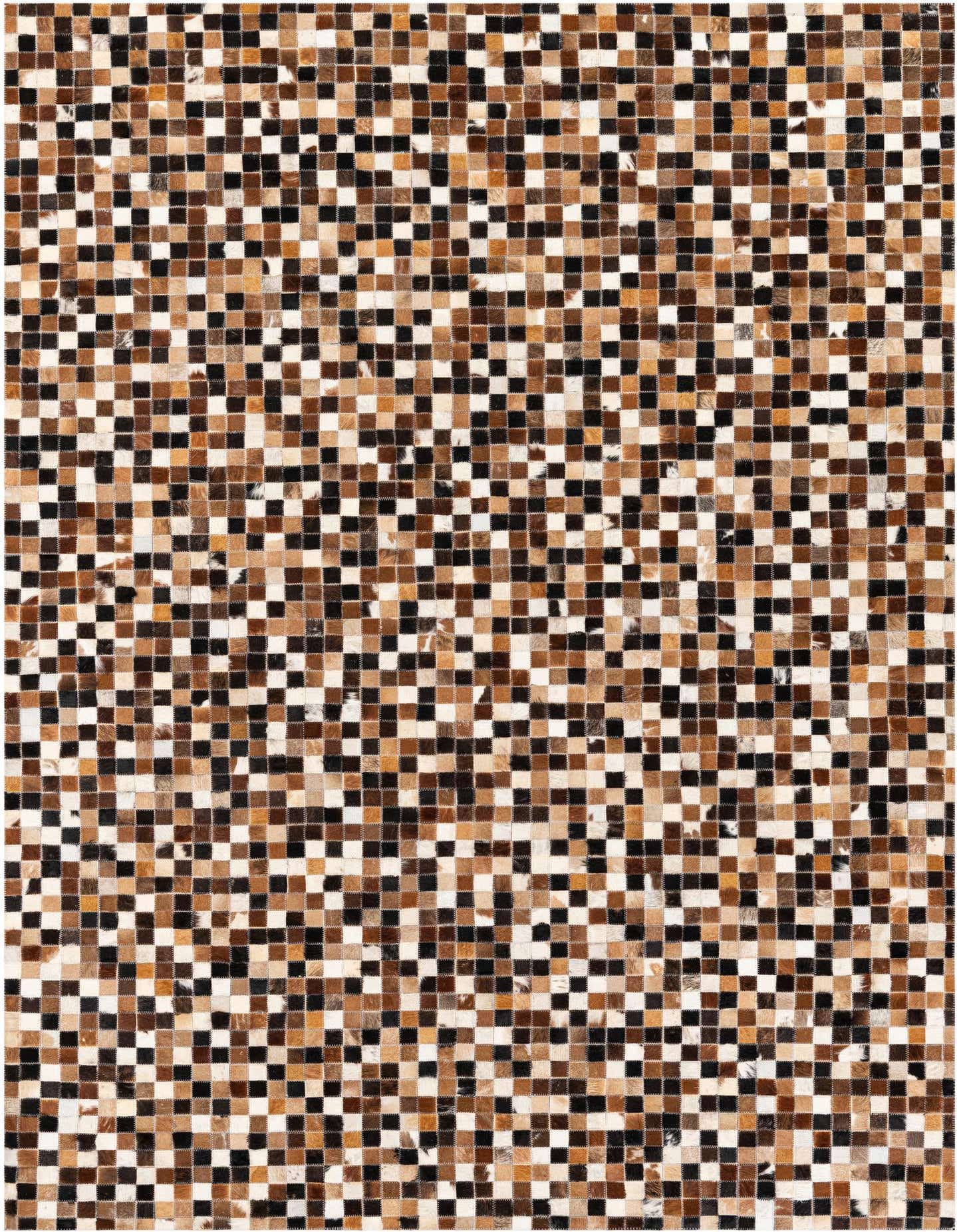 A rectangular 5x8 Cowhide Stocks rug by Rugs.com, featuring a multi-colored patchwork geometric pattern in shades of brown, black, and white.