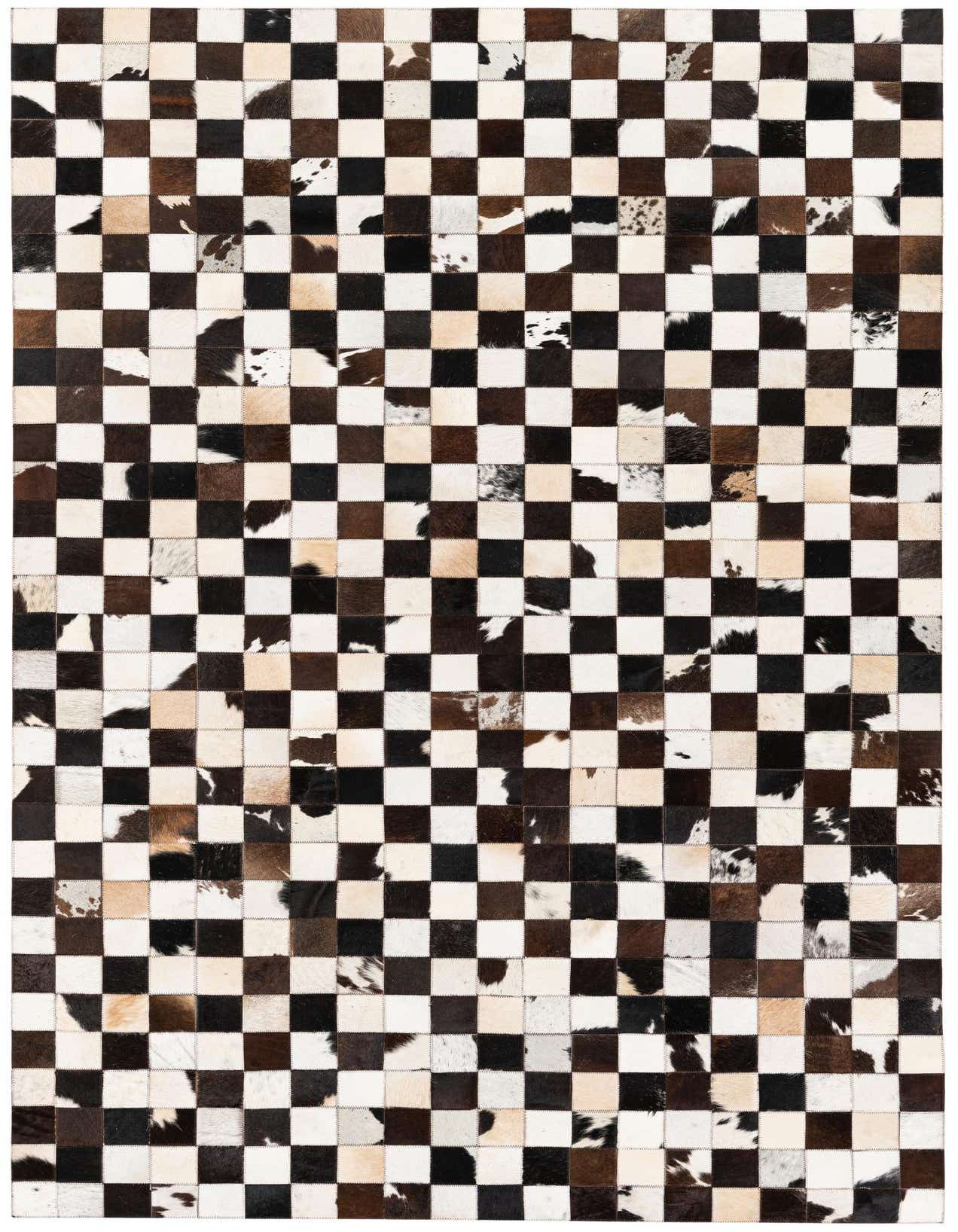 A rectangular 5x8 patchwork cowhide rug with a geometric checkerboard pattern in black, white, and brown tones.