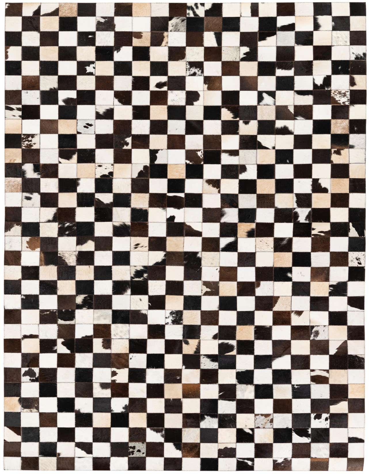 A 5x8 rectangular, multi-colored cowhide rug featuring a modern checkerboard pattern in black, white, and brown tones.