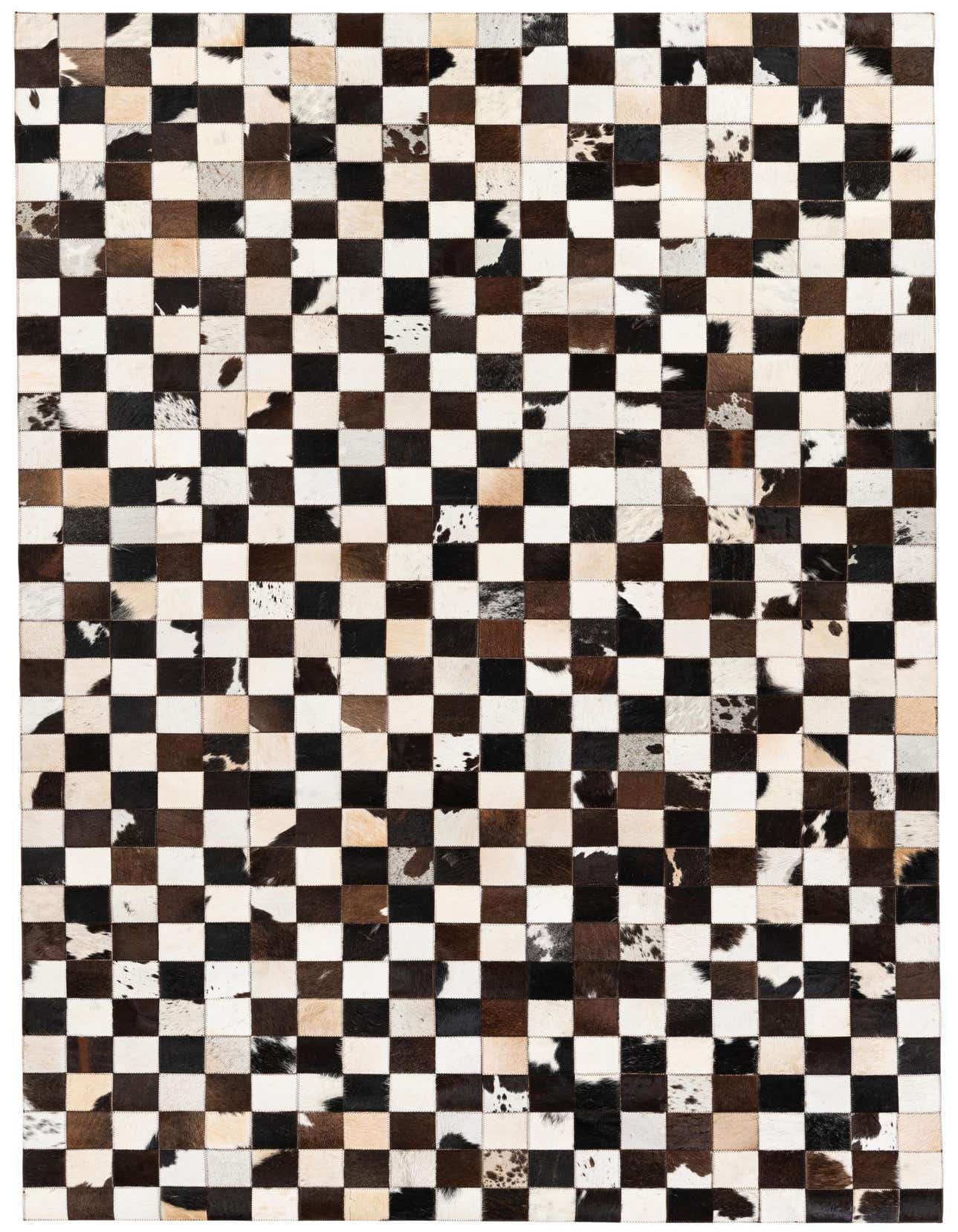A 5x8 rectangular cowhide rug featuring a modern checkerboard pattern in black, white, and various brown tones.