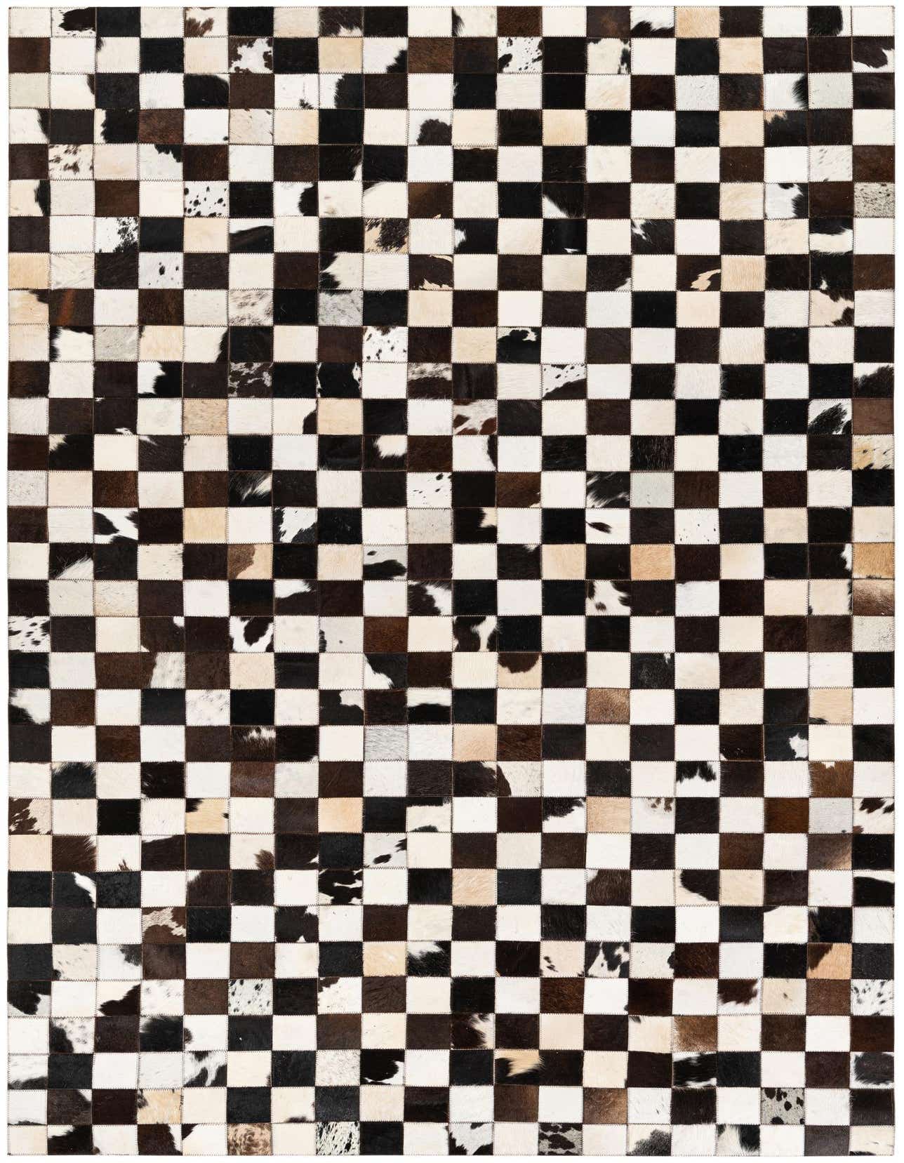 A 5x8 rectangular patchwork cowhide rug featuring a geometric checkerboard pattern in varied shades of black, brown, and white.