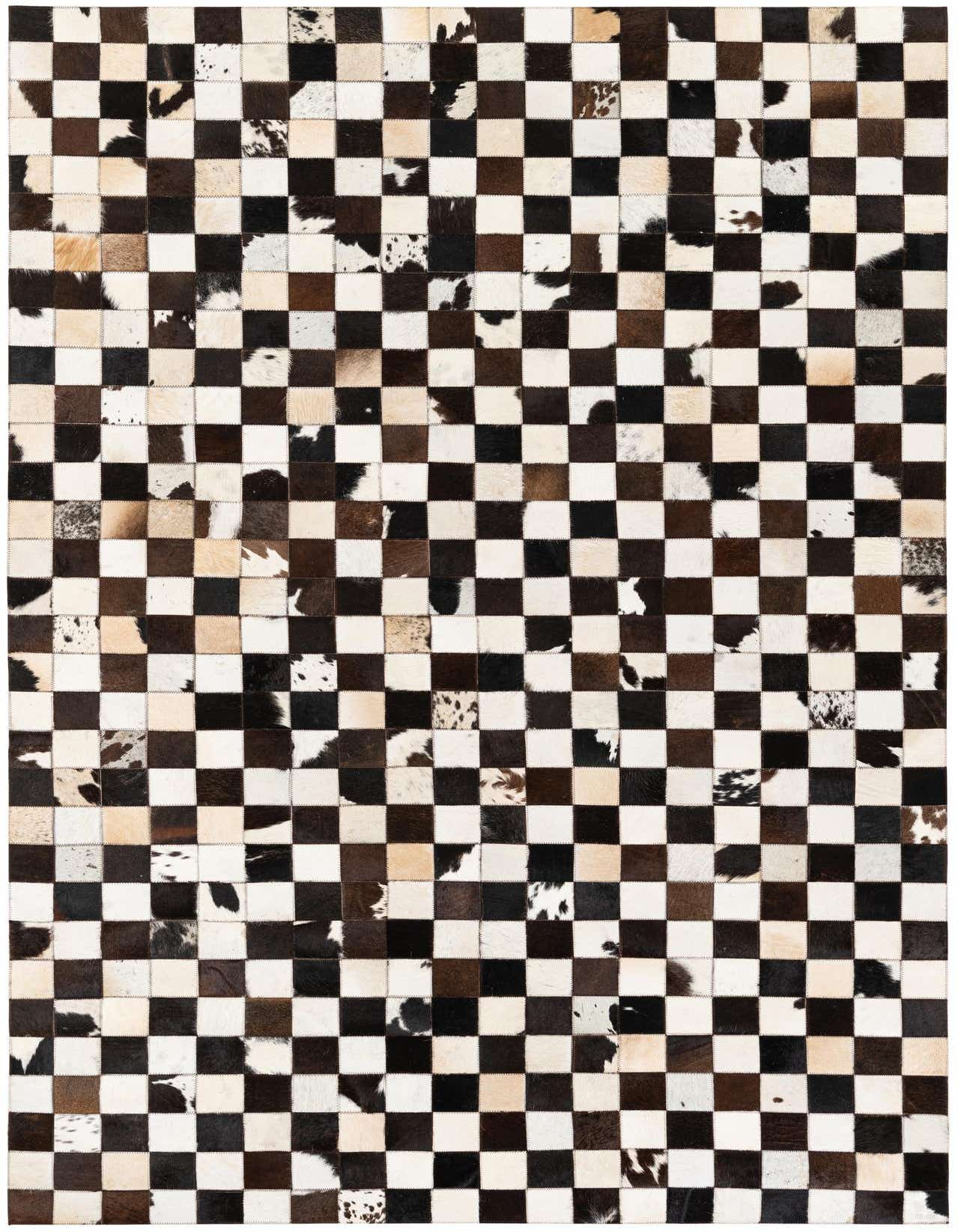 A 5x8 rectangular Cowhide Stocks rug from Rugs.com with a modern checkerboard pattern in multi-colored natural cowhide patches.