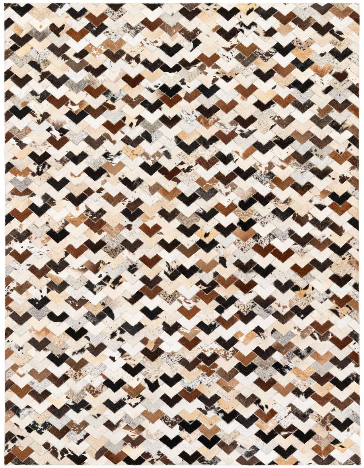 A rectangular 5x8 modern cowhide rug with a chevron pattern in various shades of brown, black, and white.