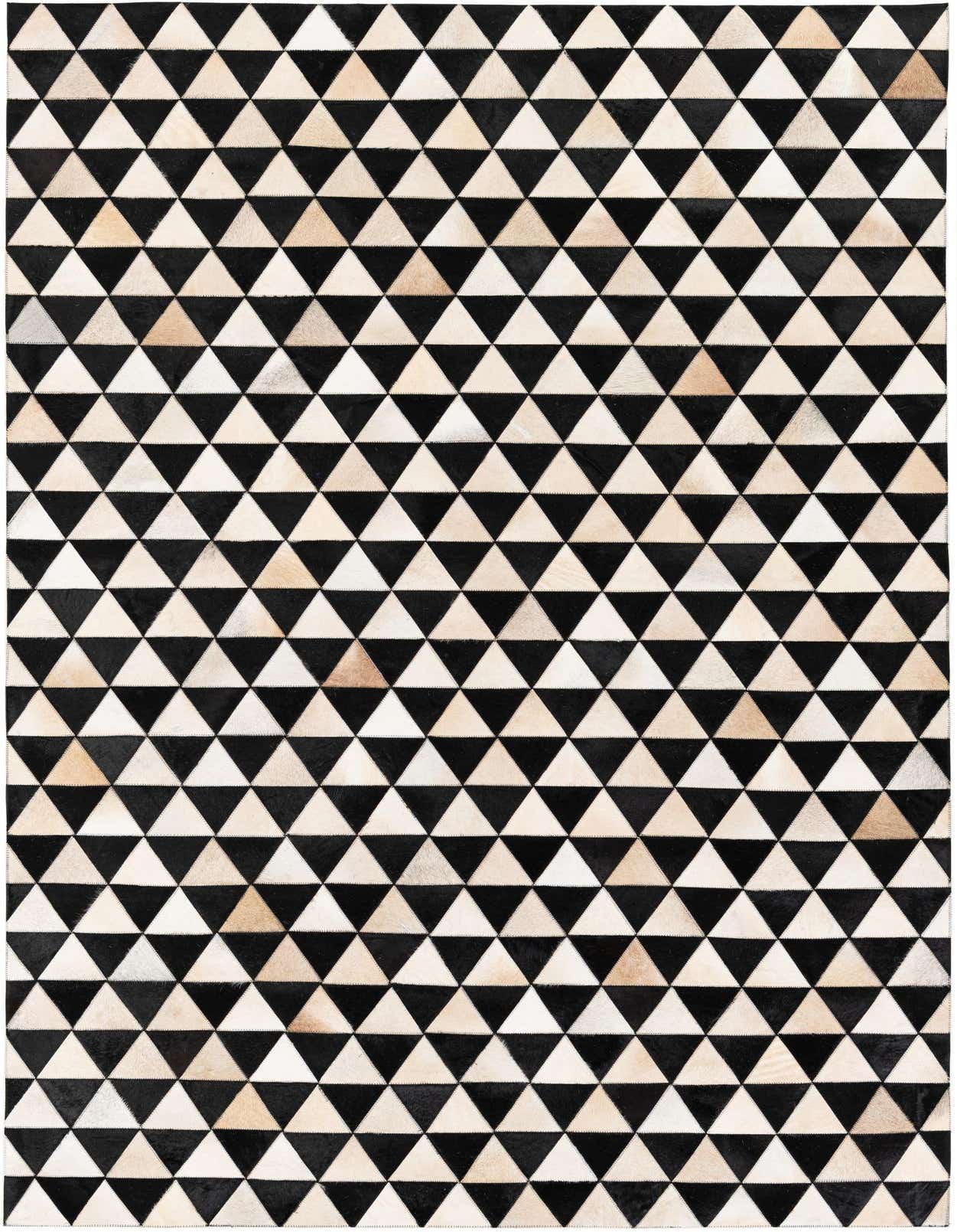 A 5x8 rectangular Cowhide Stocks rug featuring a modern geometric pattern of alternating black and off-white triangles.
