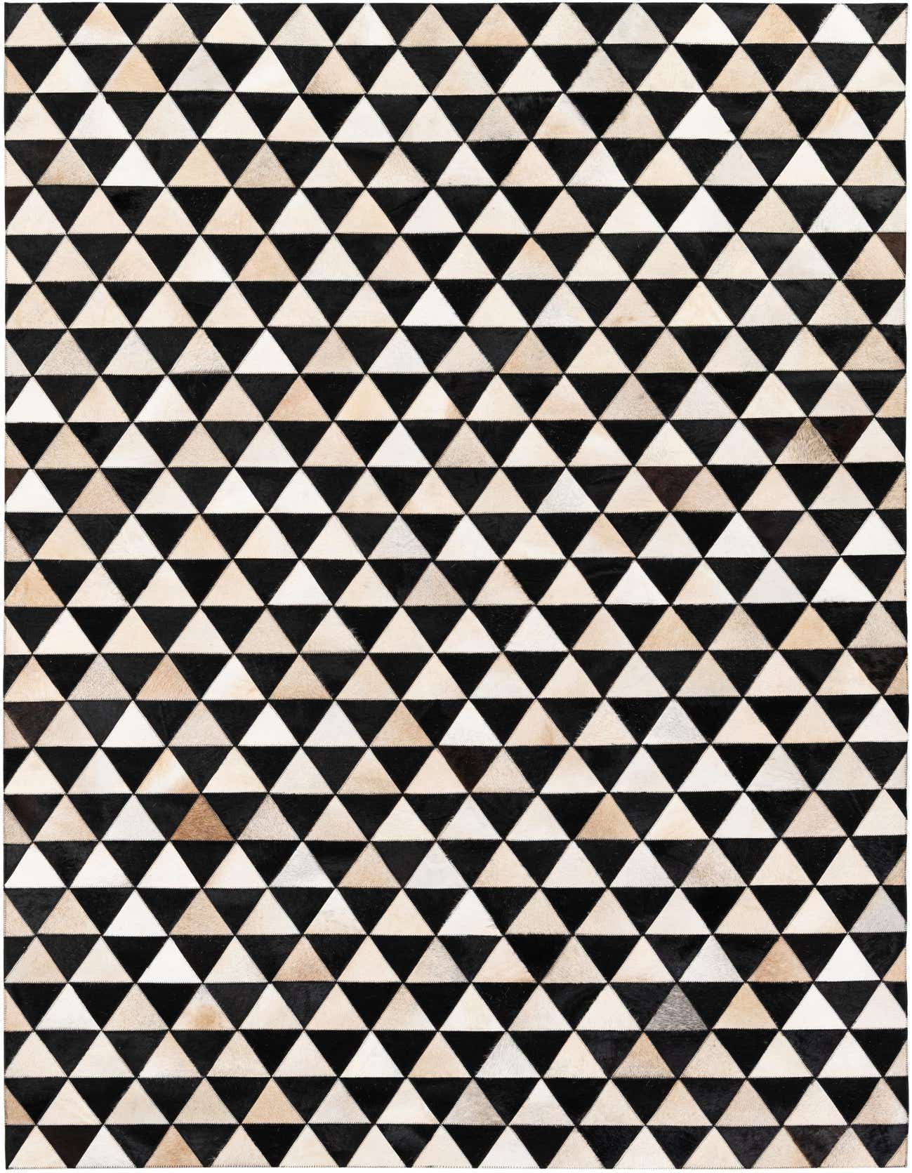 A 5x8 rectangular Cowhide Stocks rug featuring a modern geometric pattern of alternating black and off-white triangles.