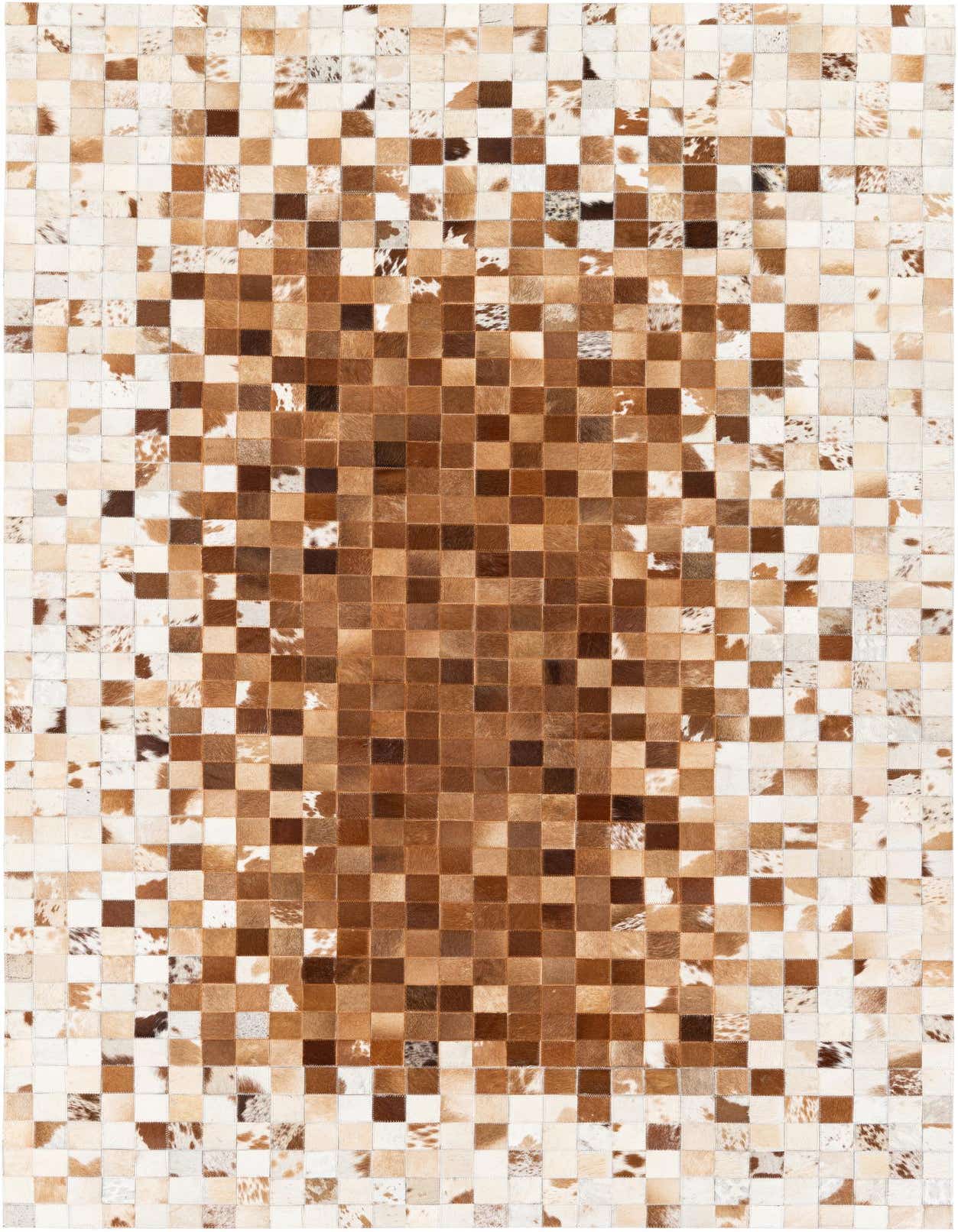 A 5x8 rectangular modern cowhide rug with a pixelated pattern of multi-colored brown, white, and spotted squares.