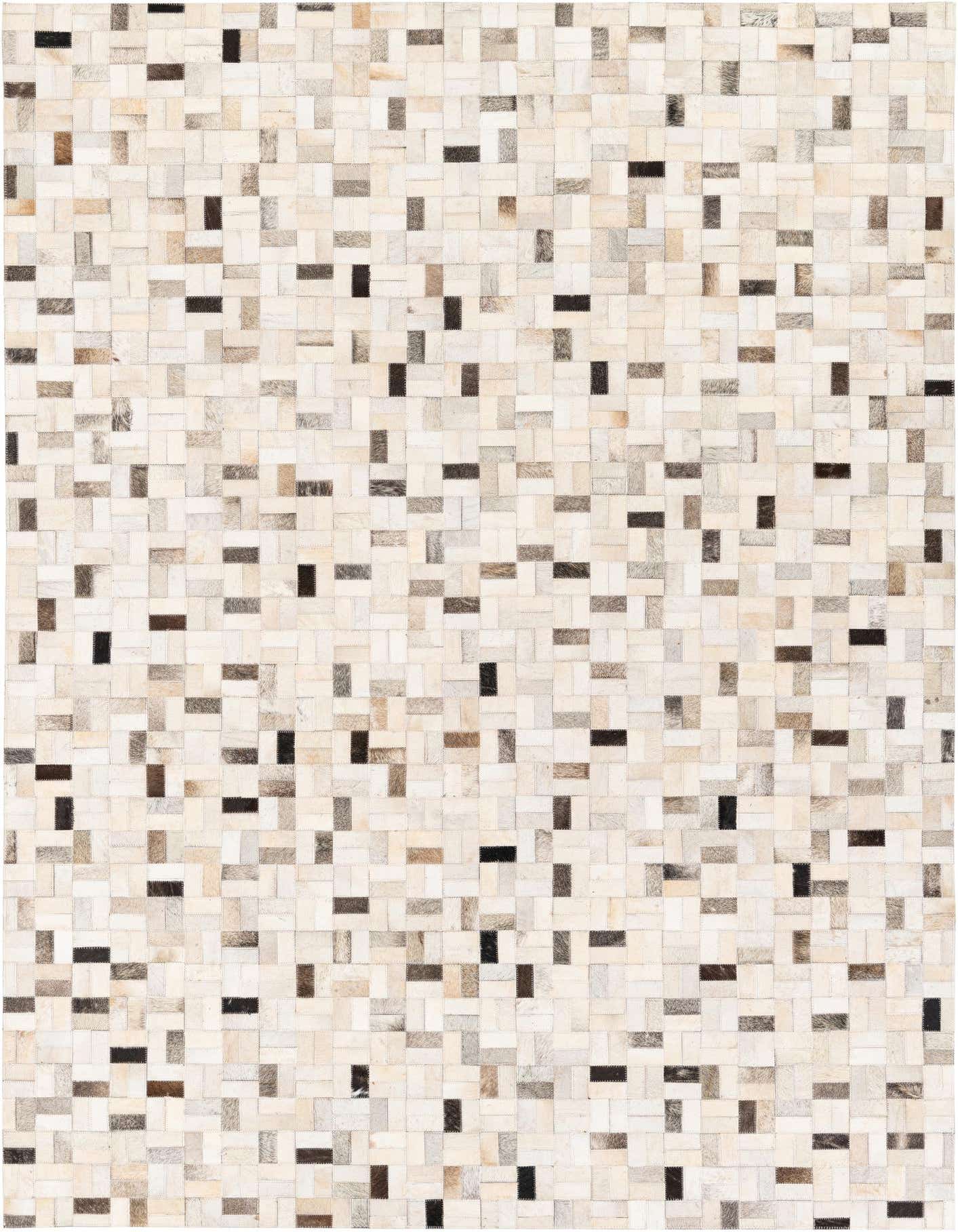 A rectangular 5x8 modern cowhide rug with a patchwork pattern of multi-colored natural hide pieces.