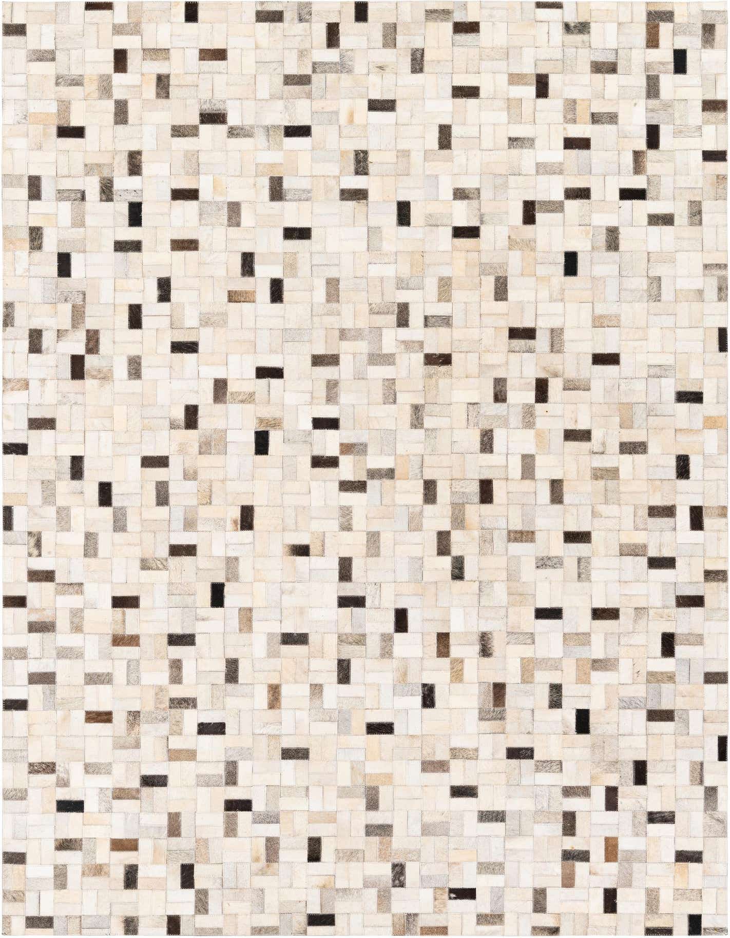 A 5x8 rectangular Cowhide Stocks rug featuring a modern patchwork of multi-colored cowhide and leather squares.