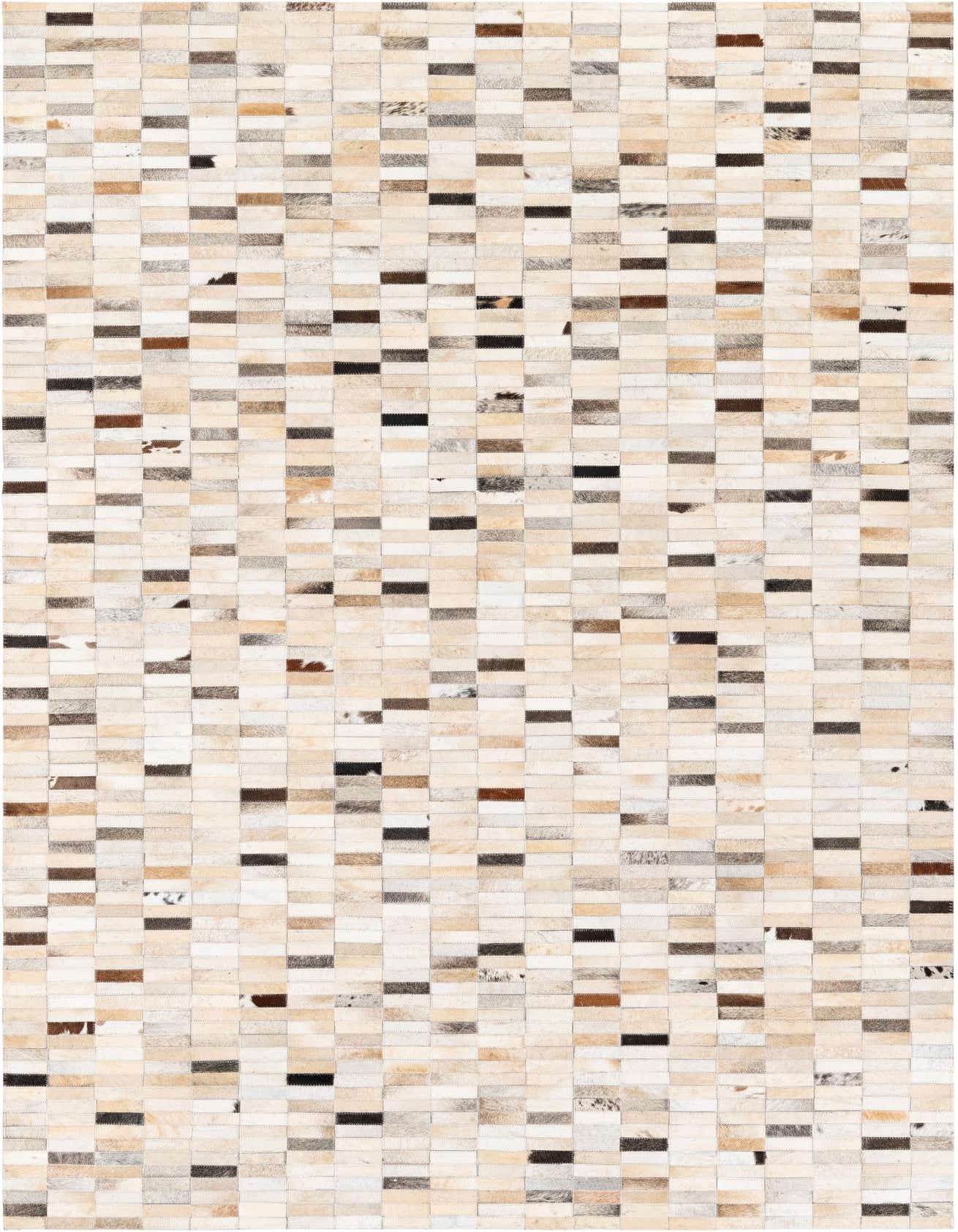 A 5x8 rectangular Cowhide Stocks rug by Rugs.com, featuring a modern patchwork of multi-colored natural cowhide squares and rectangles.