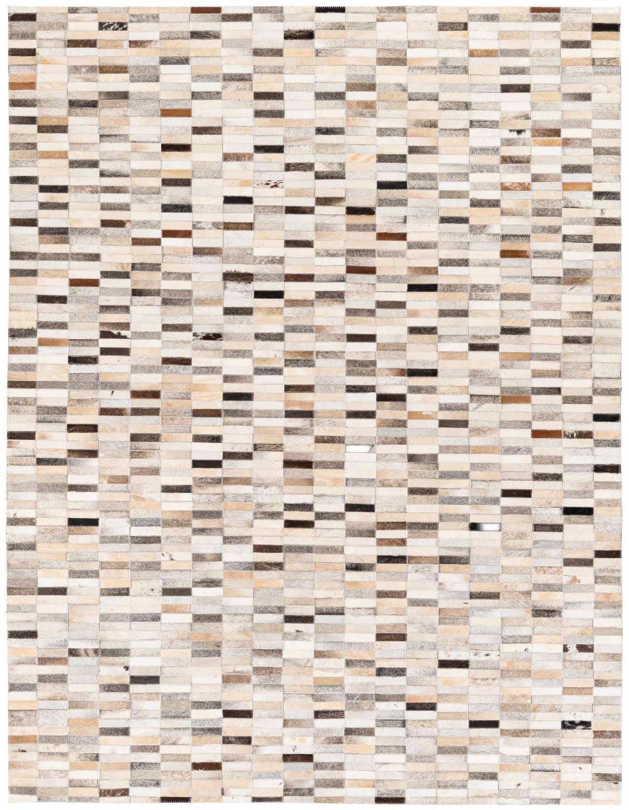 A 5x8 rectangular Cowhide Stocks rug featuring a modern patchwork of multi-colored cowhide and leather squares.