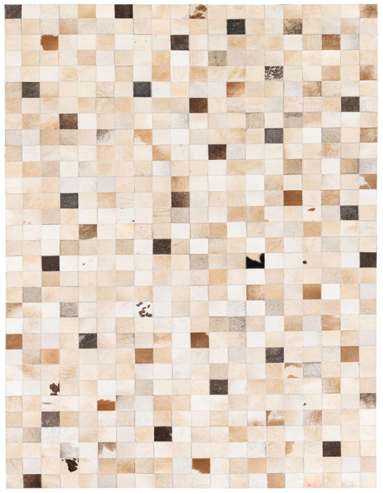 A rectangular 5x8 modern cowhide rug featuring a multi-colored patchwork of light and dark brown, beige, and cream squares.