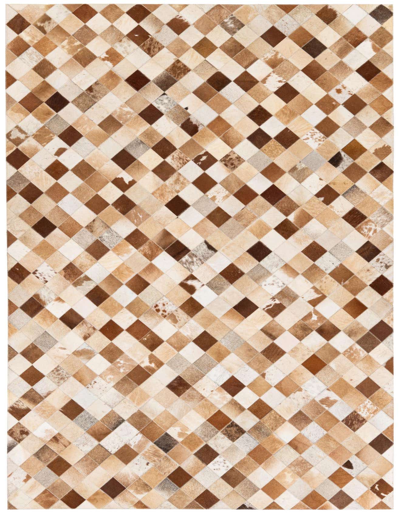 A 5x8 rectangular Cowhide Stocks rug from Rugs.com featuring a modern patchwork diamond pattern in multi-colored natural cowhide and leather.