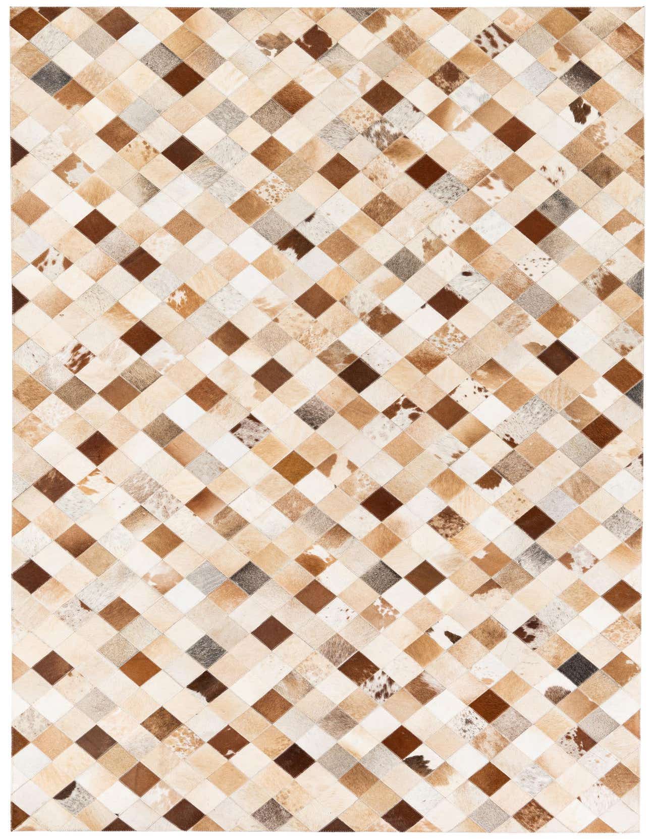 A 5x8 rectangular Cowhide Stocks rug by Rugs.com, featuring a modern patchwork of multi-colored cowhide squares in various natural brown, cream, and white tones.