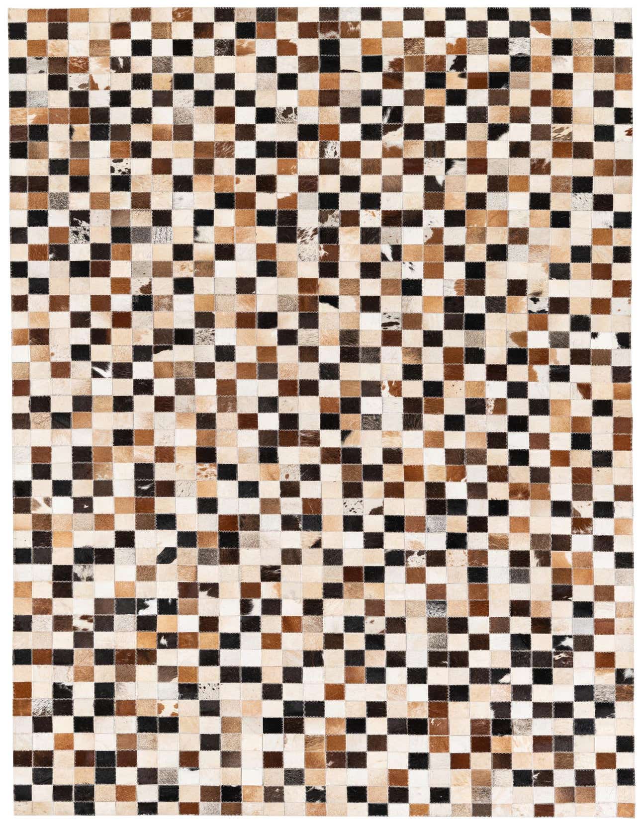A 5x8 rectangular Cowhide Stocks rug featuring a modern checkerboard pattern in multi-colored natural cowhide patches.