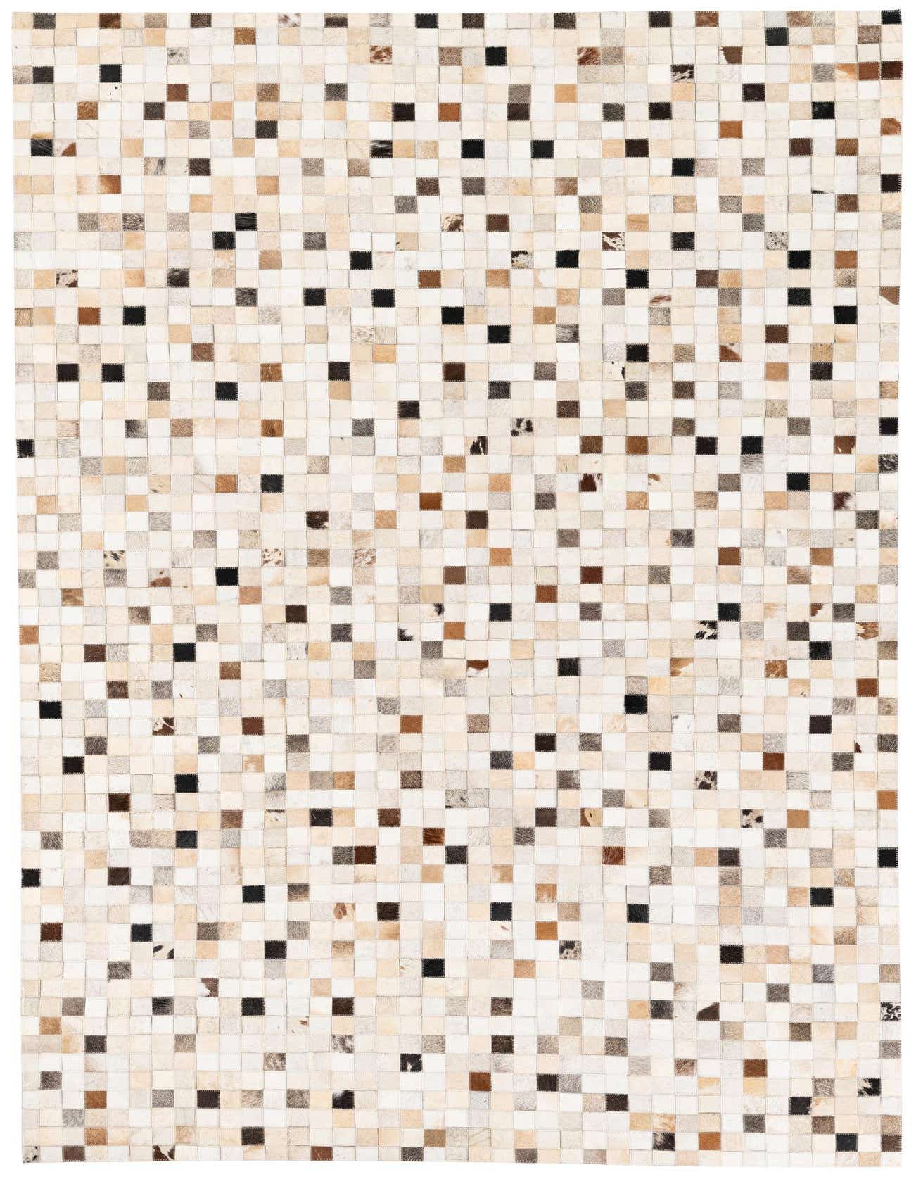 A rectangular 5x8 modern Cowhide Stocks rug by Rugs.com with a mosaic of multi-colored natural cowhide squares.