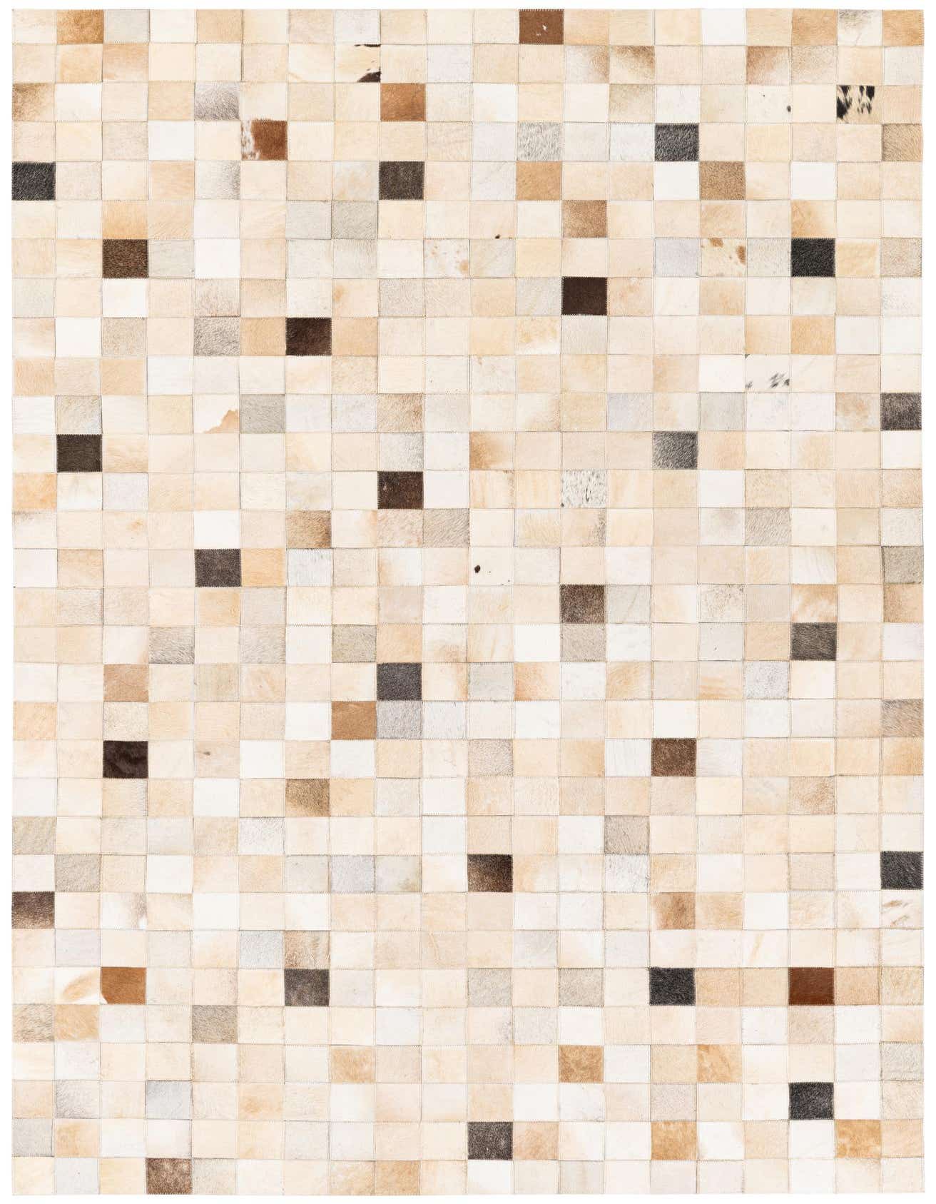 A 5x8 rectangular Cowhide Stocks rug featuring a modern patchwork of multi-colored cowhide and leather squares, ideal for a living room.