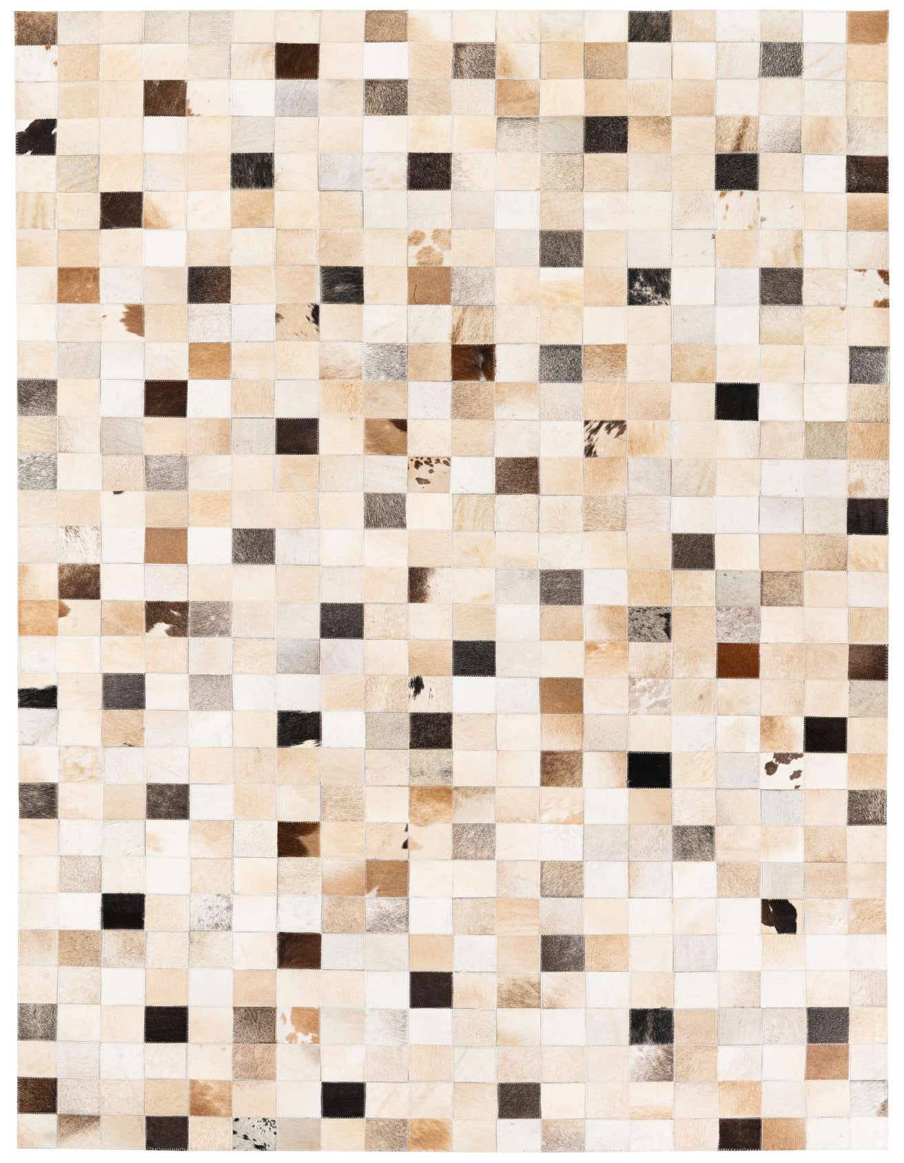 A rectangular 5x8 modern cowhide rug with a patchwork design in various shades of brown, beige, cream, and black.