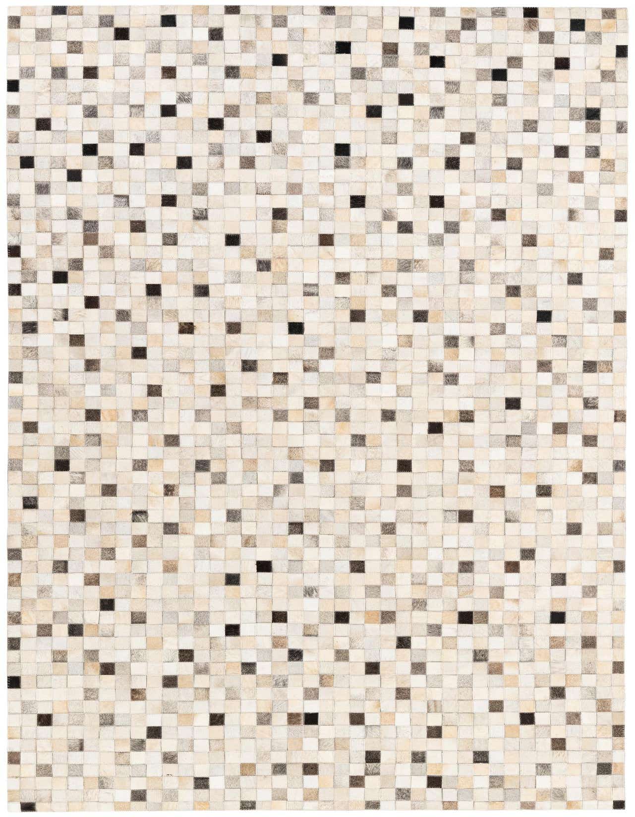 A 5x8 rectangular Cowhide Stocks rug featuring a modern patchwork of multi-colored cowhide squares in varying shades of cream, beige, brown, and black.