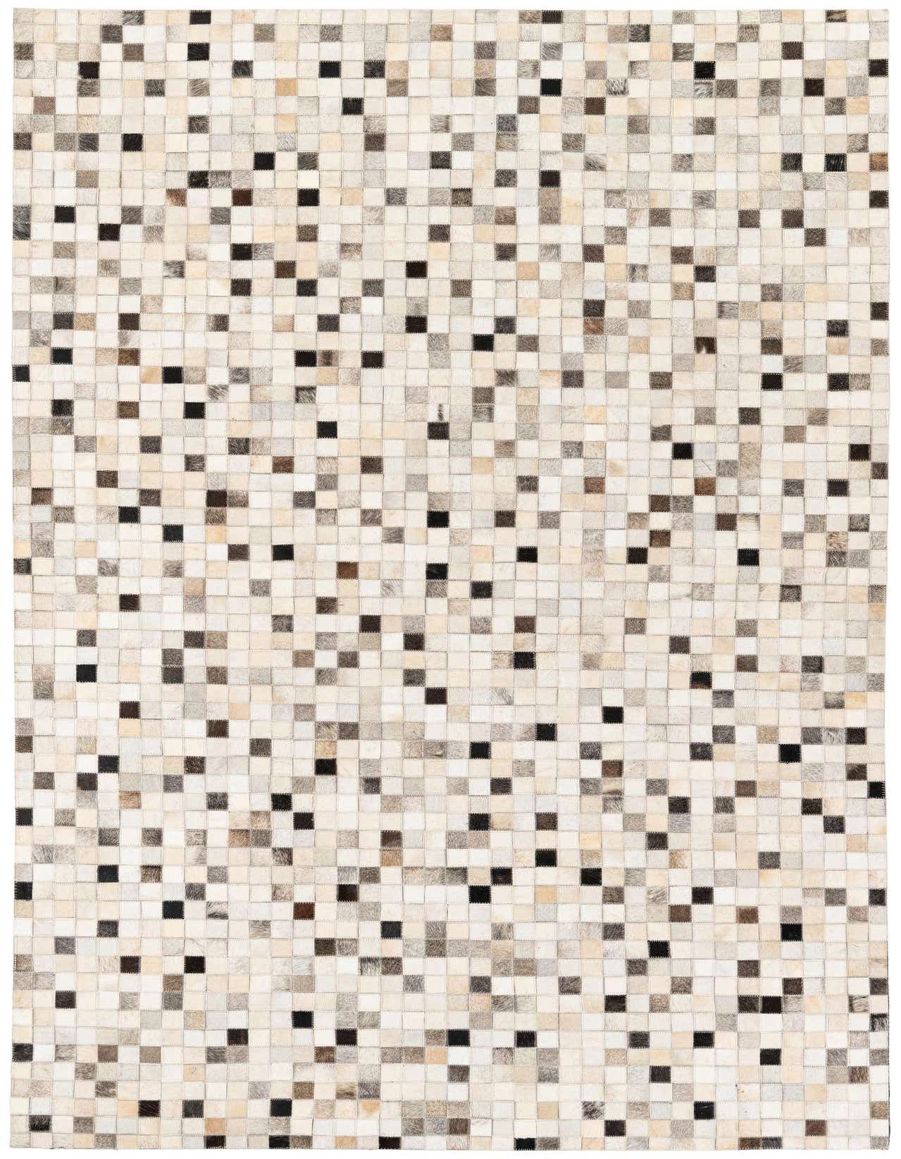 A 5x8 rectangular Cowhide Stocks rug from Rugs.com, featuring a modern patchwork of multi-colored cowhide squares in varying shades of white, beige, brown, and black.