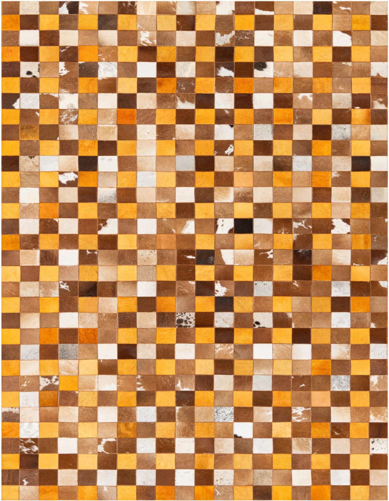 A 5x8 rectangular Cowhide Stocks rug featuring a modern checkerboard pattern in multi-colored brown, tan, white, and gold squares.