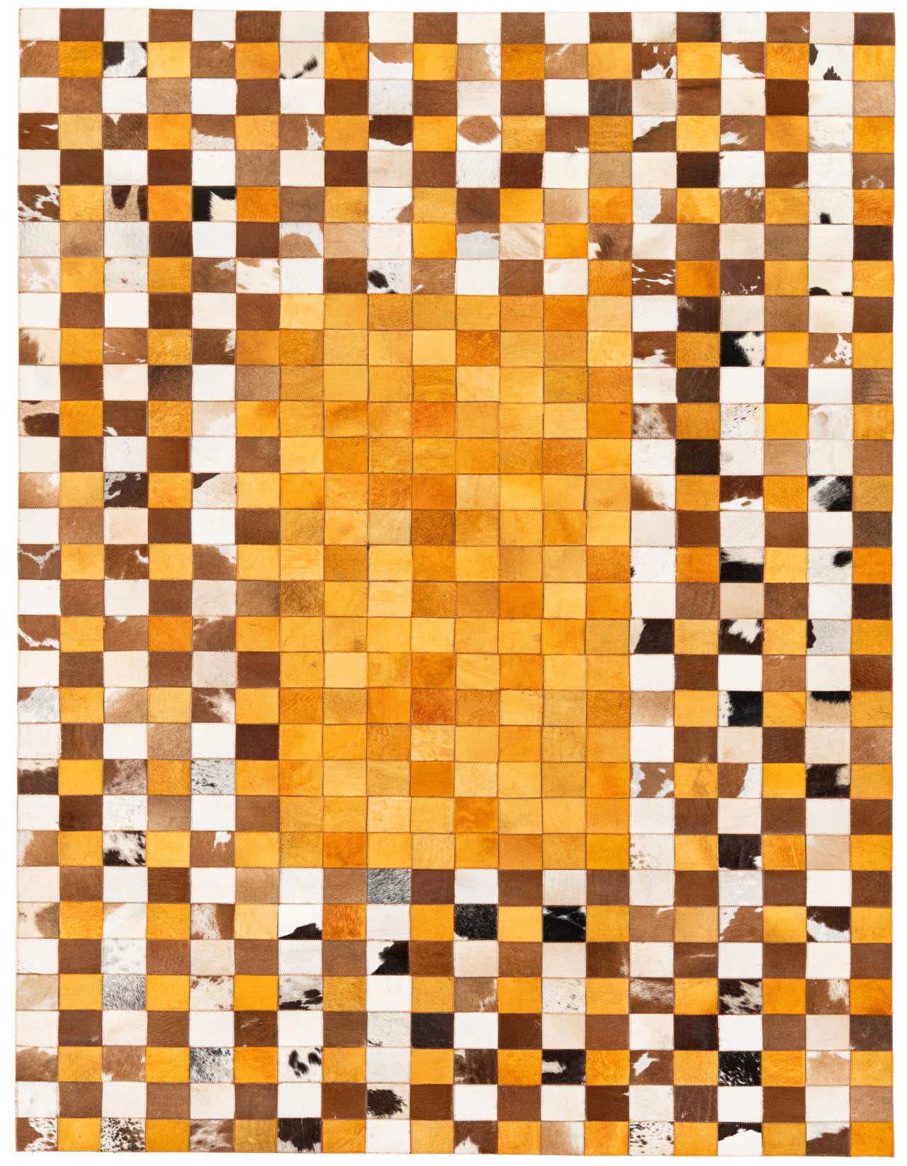 A rectangular 5x8 modern multi-colored cowhide rug with a checkered pattern, featuring a central block of solid orange squares framed by a mix of brown, white, and spotted cowhide squares.