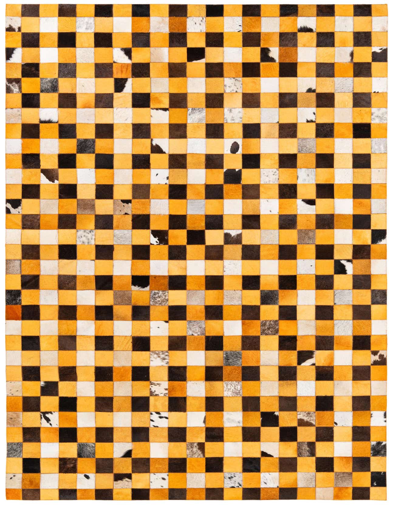 A 5x8 rectangular cowhide rug featuring a modern checkerboard pattern in multi-colored patches, perfect for a living room.