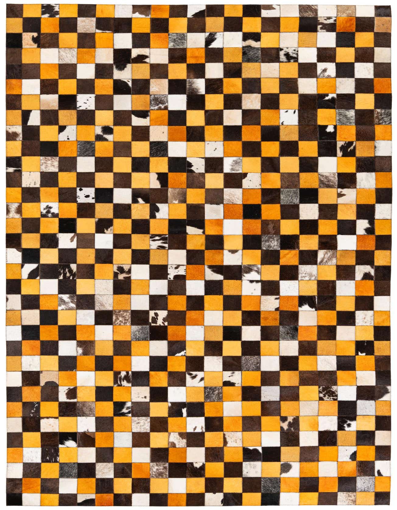 A 5x8 rectangular Cowhide Stocks rug featuring a checkerboard pattern of multi-colored cowhide patches, including shades of orange, brown, black, and white.
