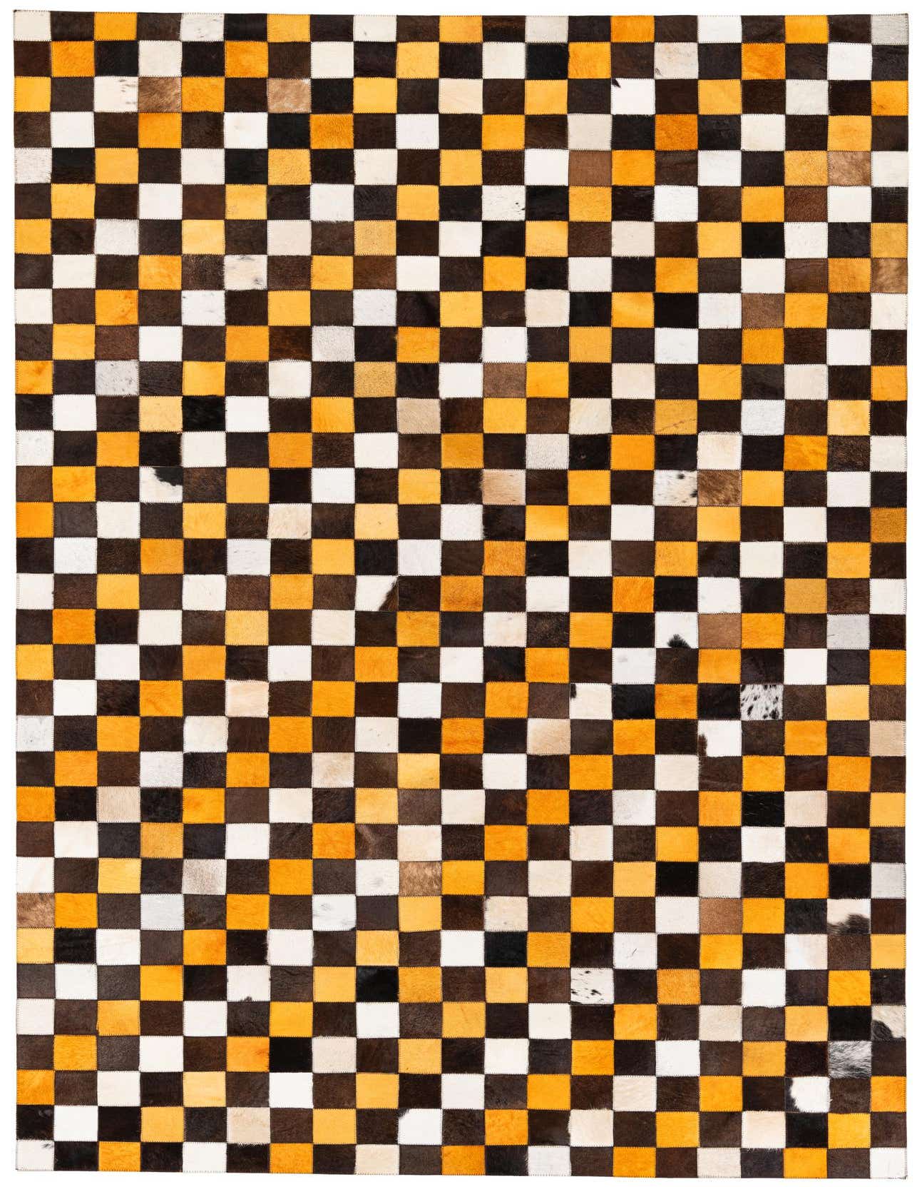 A 5x8 rectangular Cowhide Stocks rug featuring a multi-colored patchwork geometric pattern in shades of brown, black, white, and orange.
