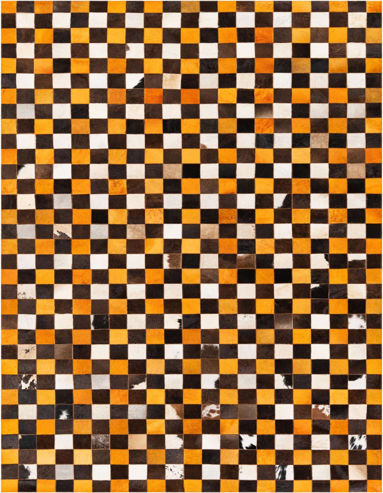 A 5x8 rectangular Cowhide Stocks rug featuring a modern checkerboard pattern in multi-colored patches of cowhide and leather.