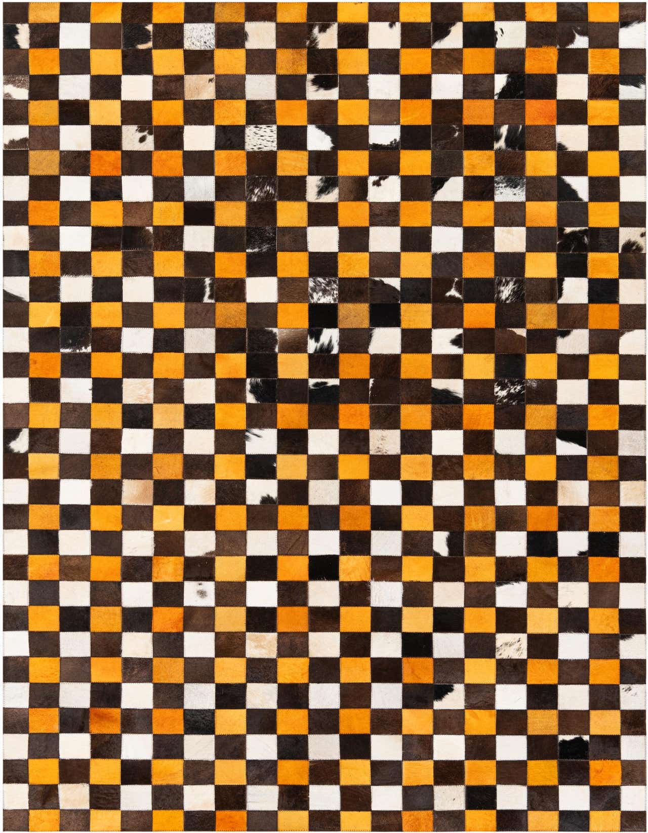 A 5x8 rectangular Cowhide Stocks rug from Rugs.com featuring a modern checkerboard pattern in multi-colored patches of cowhide and leather, ideal for a living room.