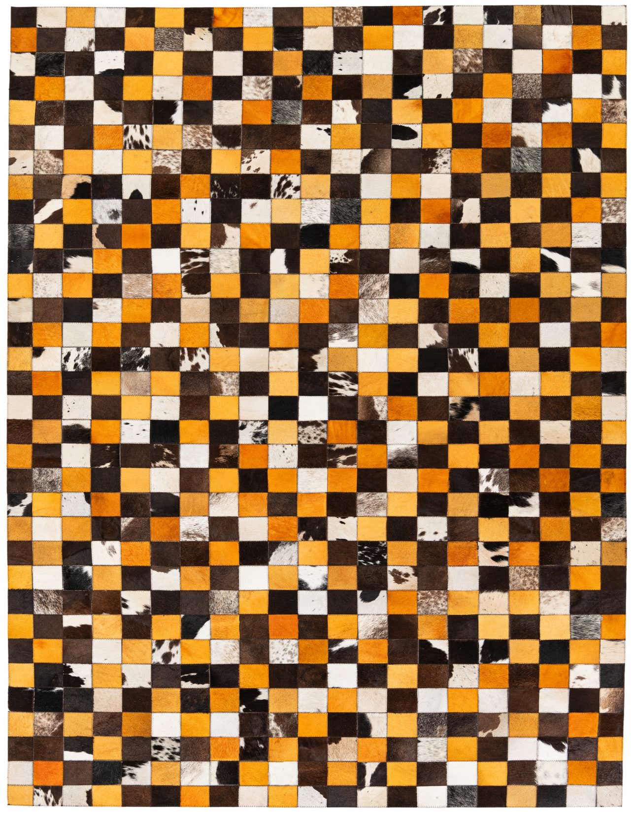 A 5x8 rectangular Cowhide Stocks rug featuring a modern checkerboard pattern in multi-colored patches of brown, black, white, and orange.