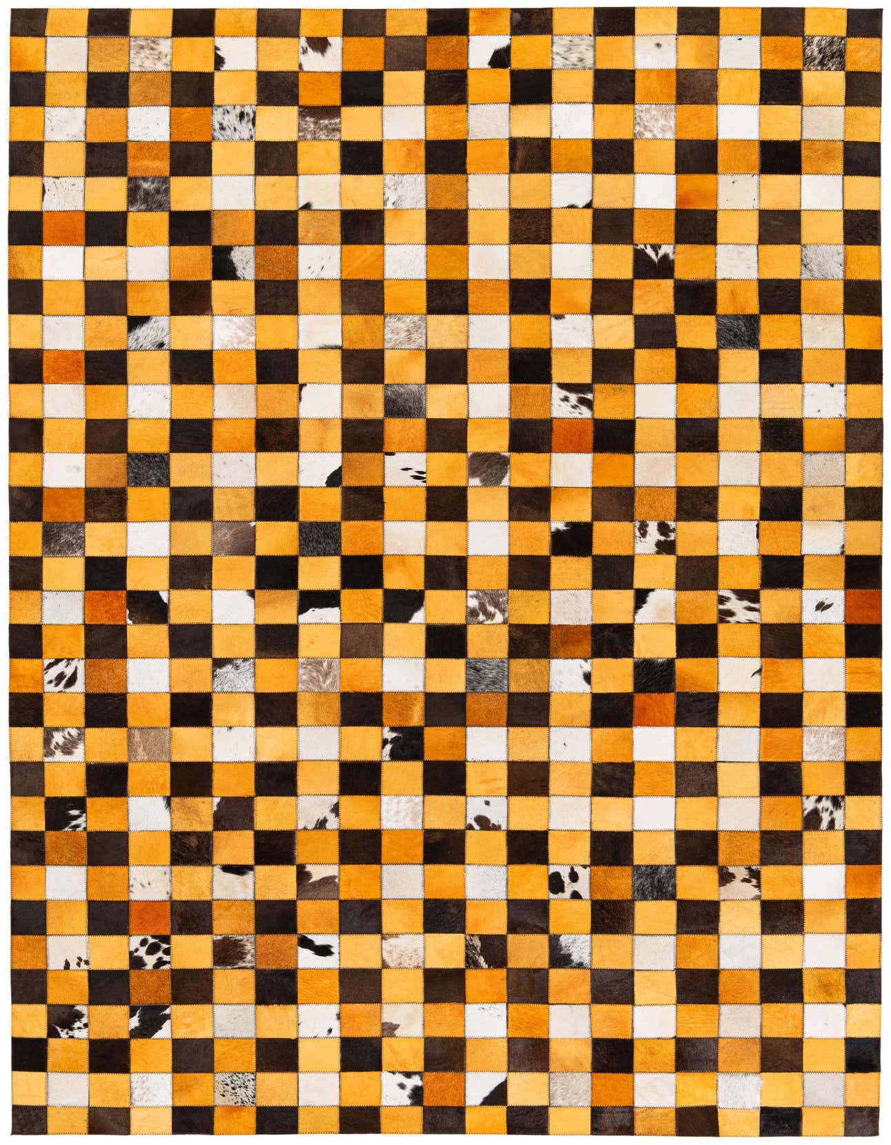 A 5x8 rectangular Cowhide Stocks rug featuring a modern multi-colored checkerboard pattern made of cowhide and leather patches.