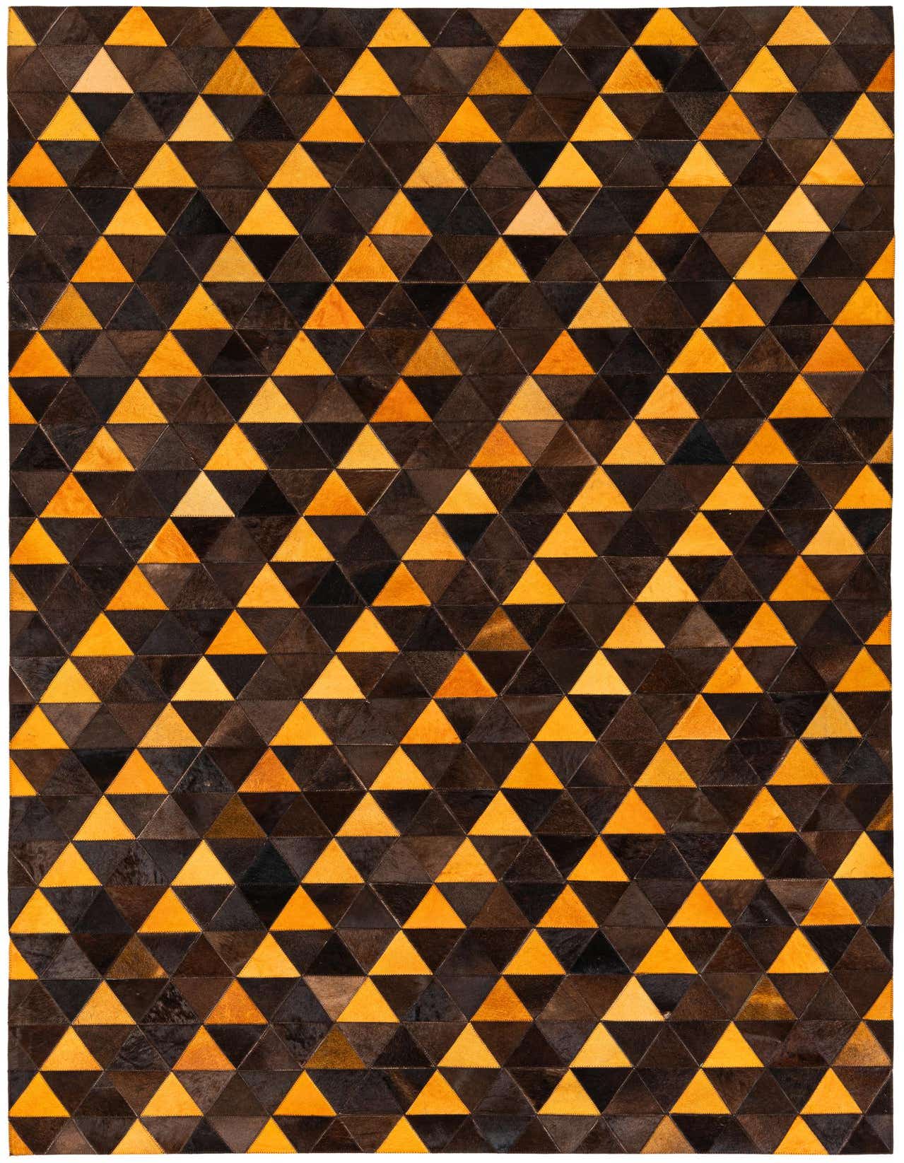 A 5x8 rectangular modern rug featuring a geometric pattern of alternating multi-colored cowhide and leather triangles in shades of brown and gold.