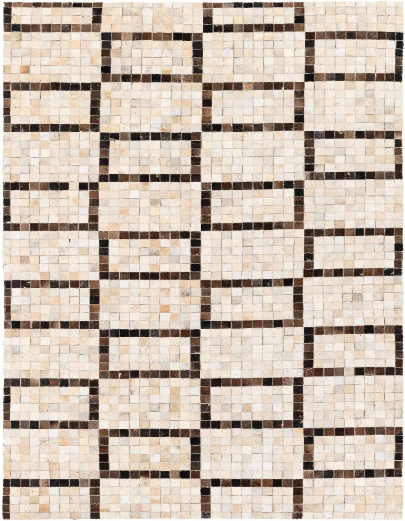 A rectangular 5x8 modern cowhide rug with a multi-colored geometric grid pattern, featuring light and dark brown squares.