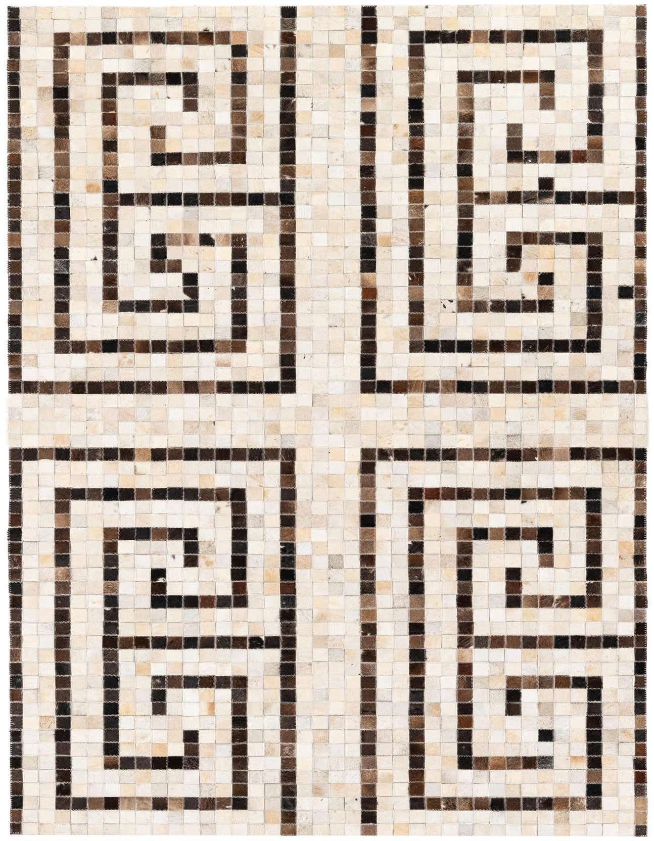 A 5x8 rectangular Cowhide Stocks rug by Rugs.com, featuring a modern geometric maze pattern in multi-colored cowhide squares, ideal for a living room.
