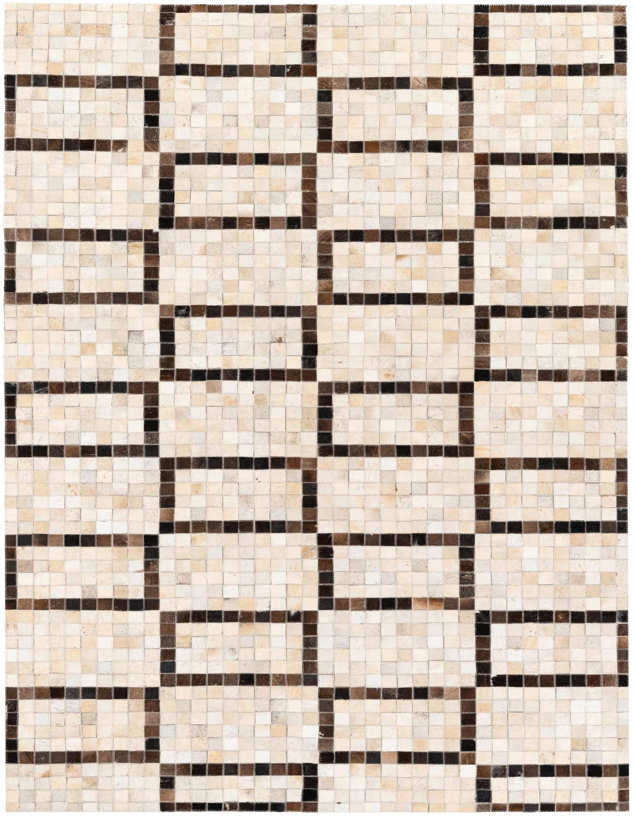 A 5x8 rectangular Cowhide Stocks rug featuring a modern geometric pattern of multi-colored squares, ideal for a living room.