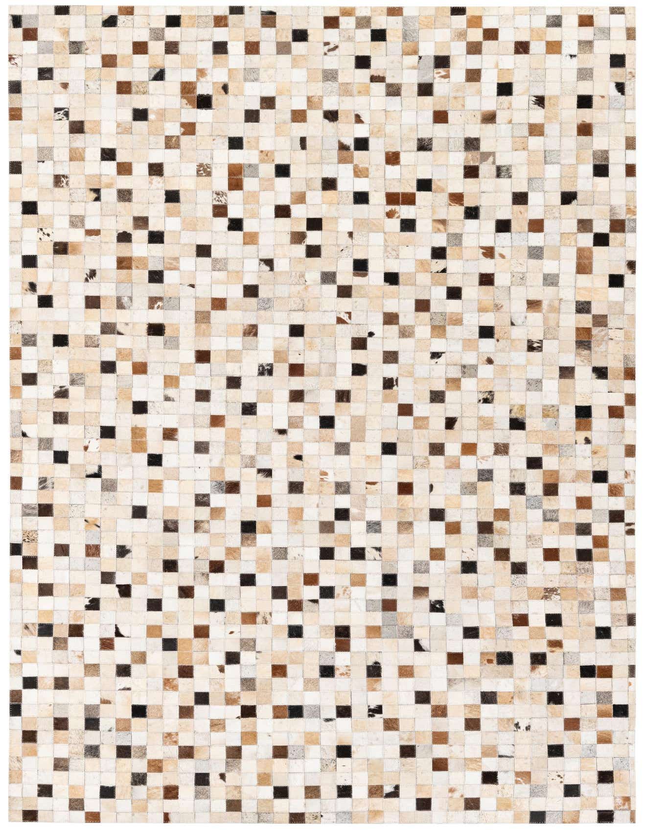 A 5x8 rectangular Cowhide Stocks rug featuring a modern patchwork of multi-colored cowhide and leather squares in natural tones.