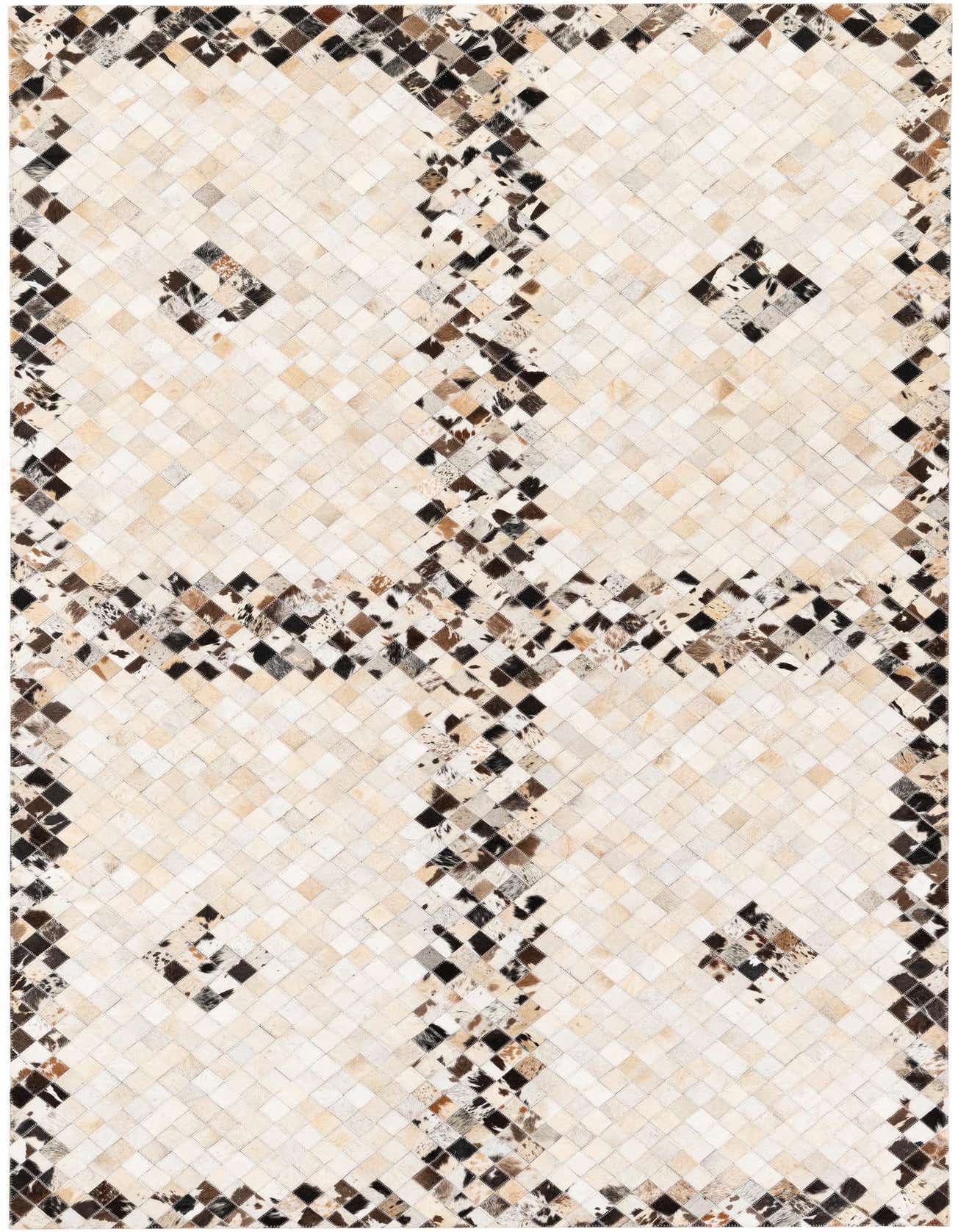 A 5x8 rectangular cowhide rug featuring a modern patchwork design with multi-colored squares in natural brown, black, and cream tones.