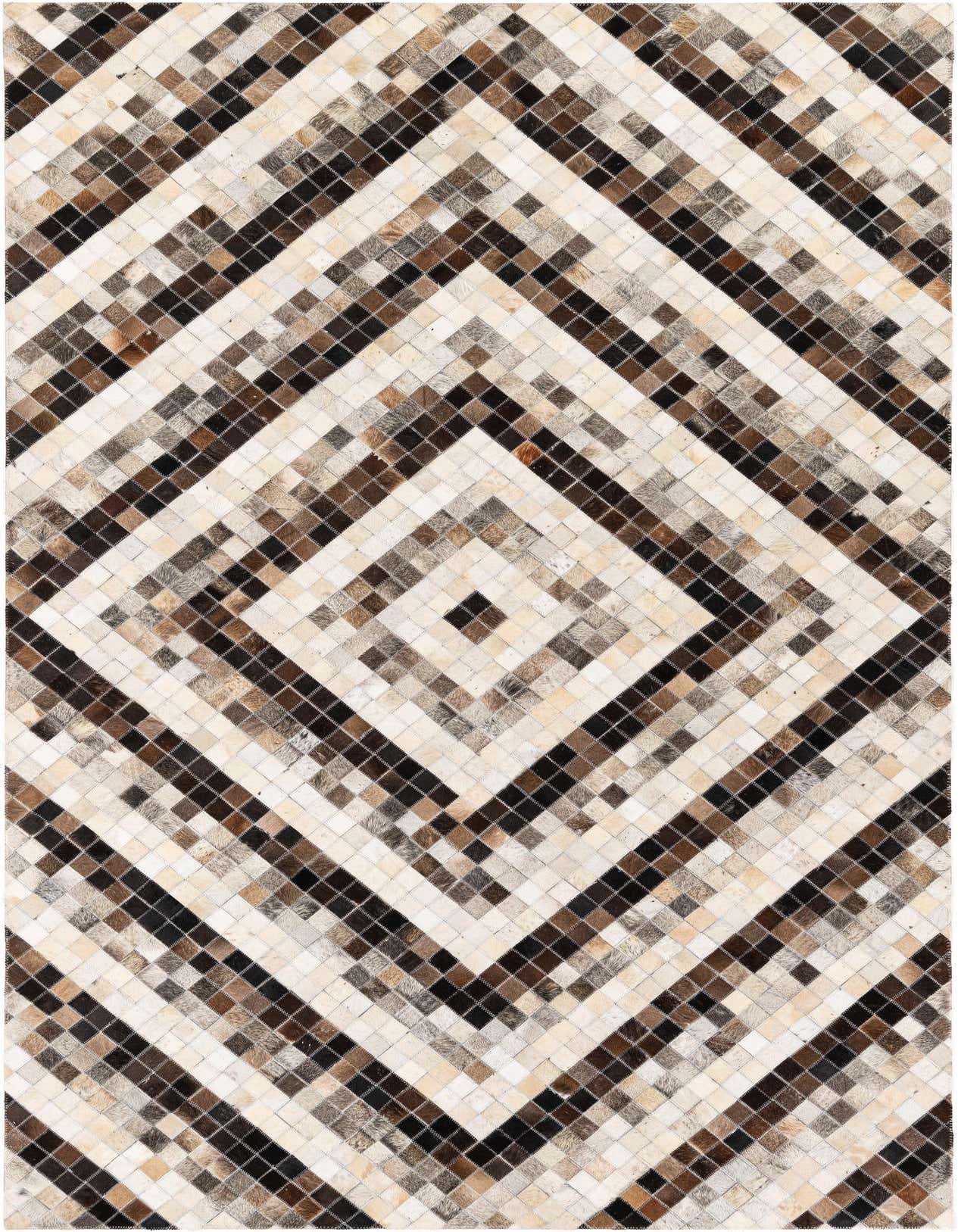 A rectangular 5x8 modern cowhide rug with a multi-colored geometric pattern of brown, black, and cream squares.