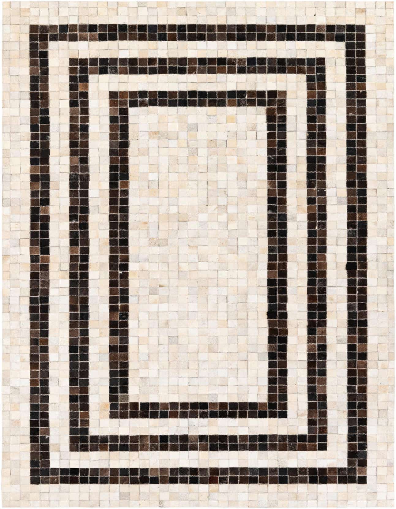 A 5x8 rectangular Cowhide Stocks rug featuring a modern multi-colored design with a triple border pattern.