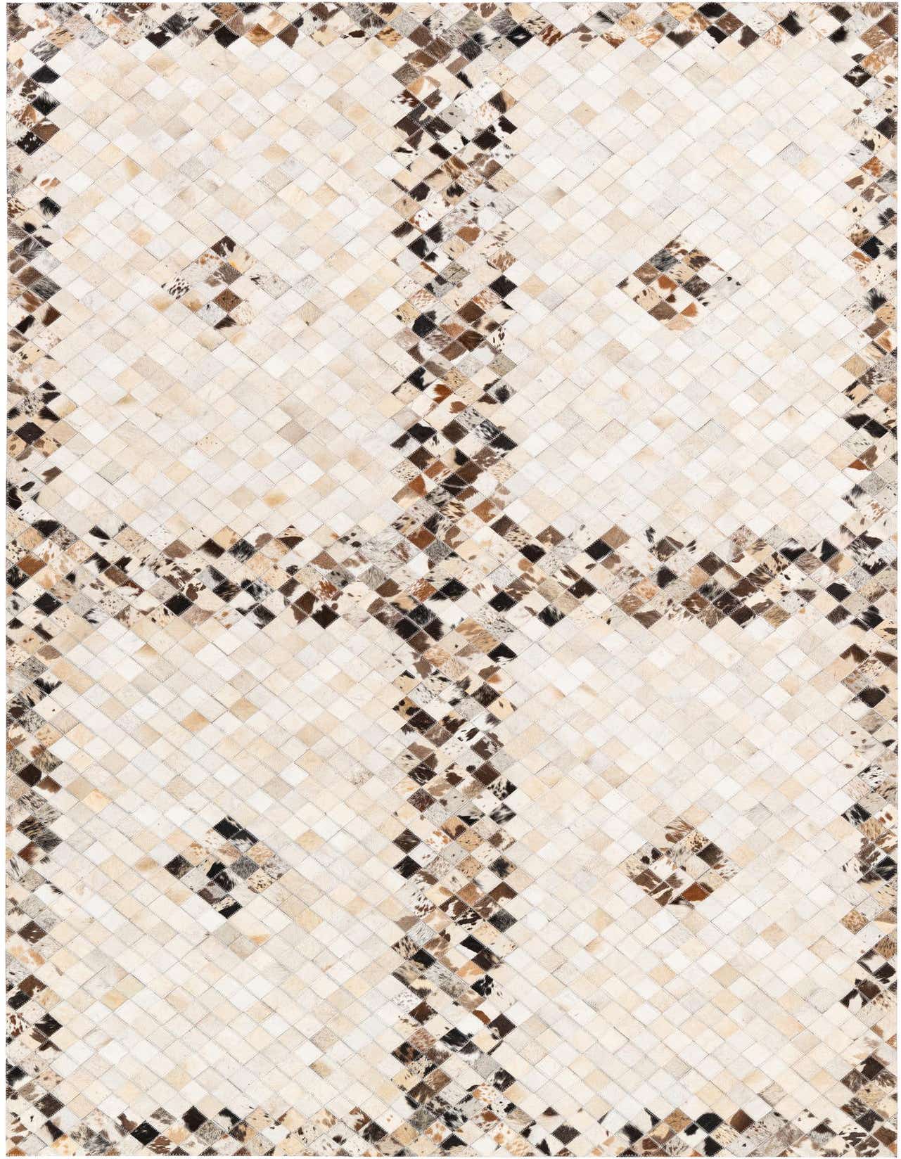 A 5x8 rectangular Cowhide Stocks rug by Rugs.com, featuring a modern patchwork of multi-colored cowhide squares in varying shades of brown, black, and cream, creating a striking pattern.