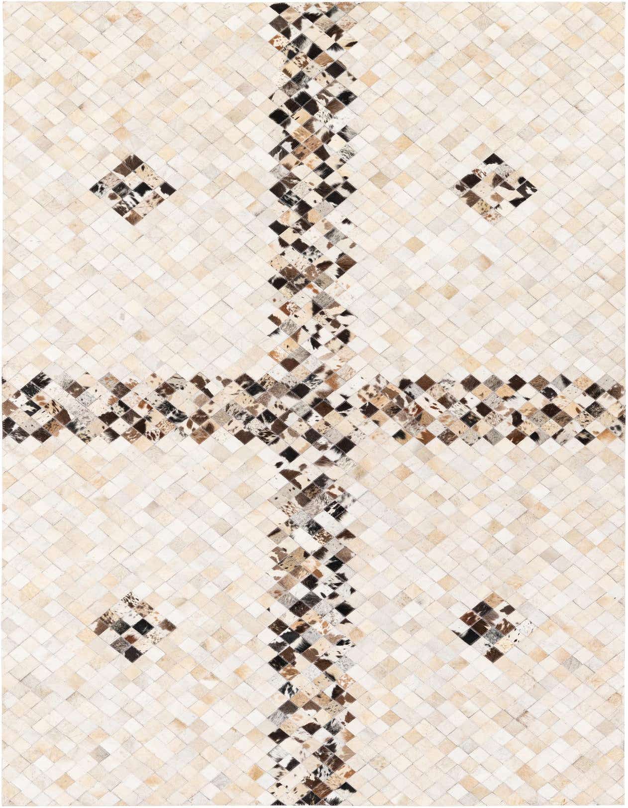 A rectangular 5x8 modern cowhide rug featuring a multi-colored patchwork design with light and dark brown squares forming a cross pattern.