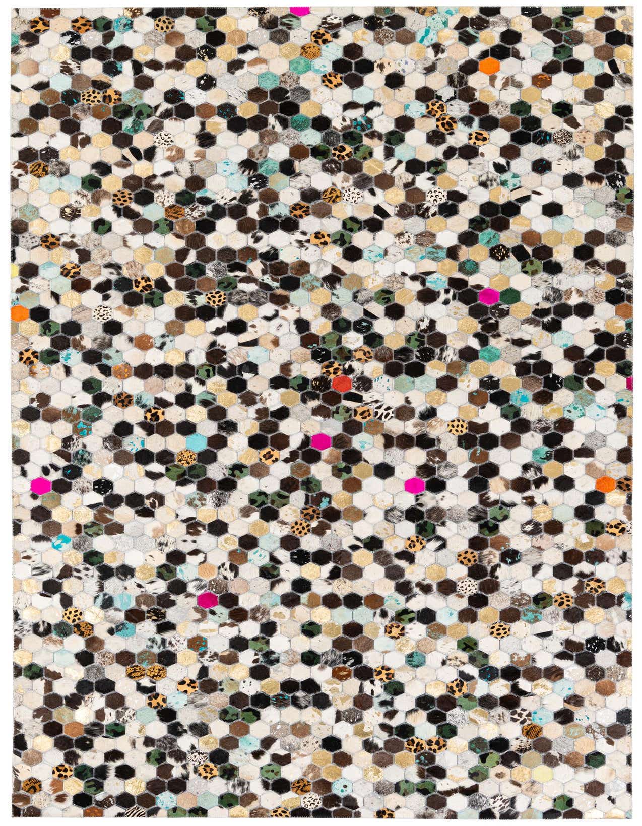 A 5x8 rectangular Cowhide Stocks rug featuring a modern multi-colored hexagonal patchwork design with various cowhide patterns and solid colors.