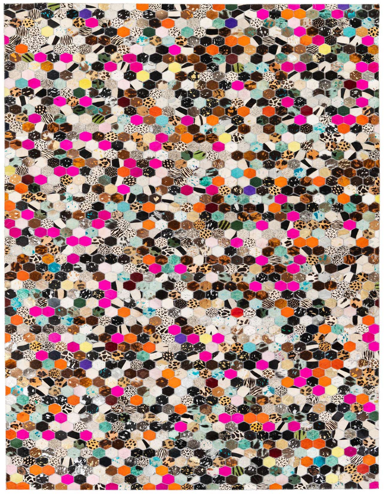 A vibrant 5x8 rectangular rug featuring a modern honeycomb pattern made from multi-colored cowhide and leather patches.