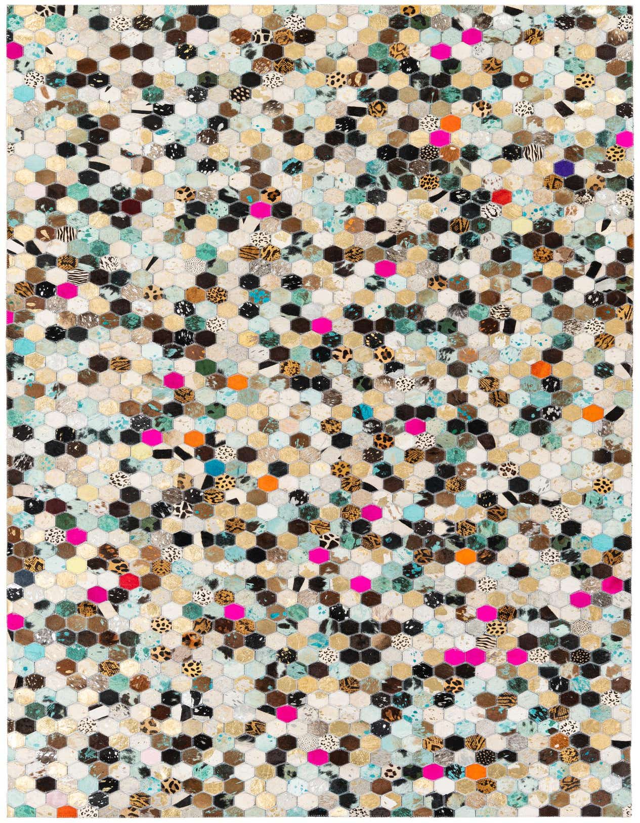 A rectangular 5x8 modern multi-colored cowhide rug with a mosaic of hexagonal patches in various animal prints and solid bright colors.