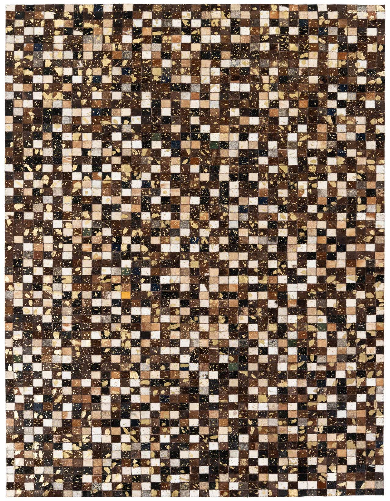 A rectangular 5x8 modern multi-colored cowhide and leather rug with a checkered pattern, featuring shades of brown, black, white, and gold.