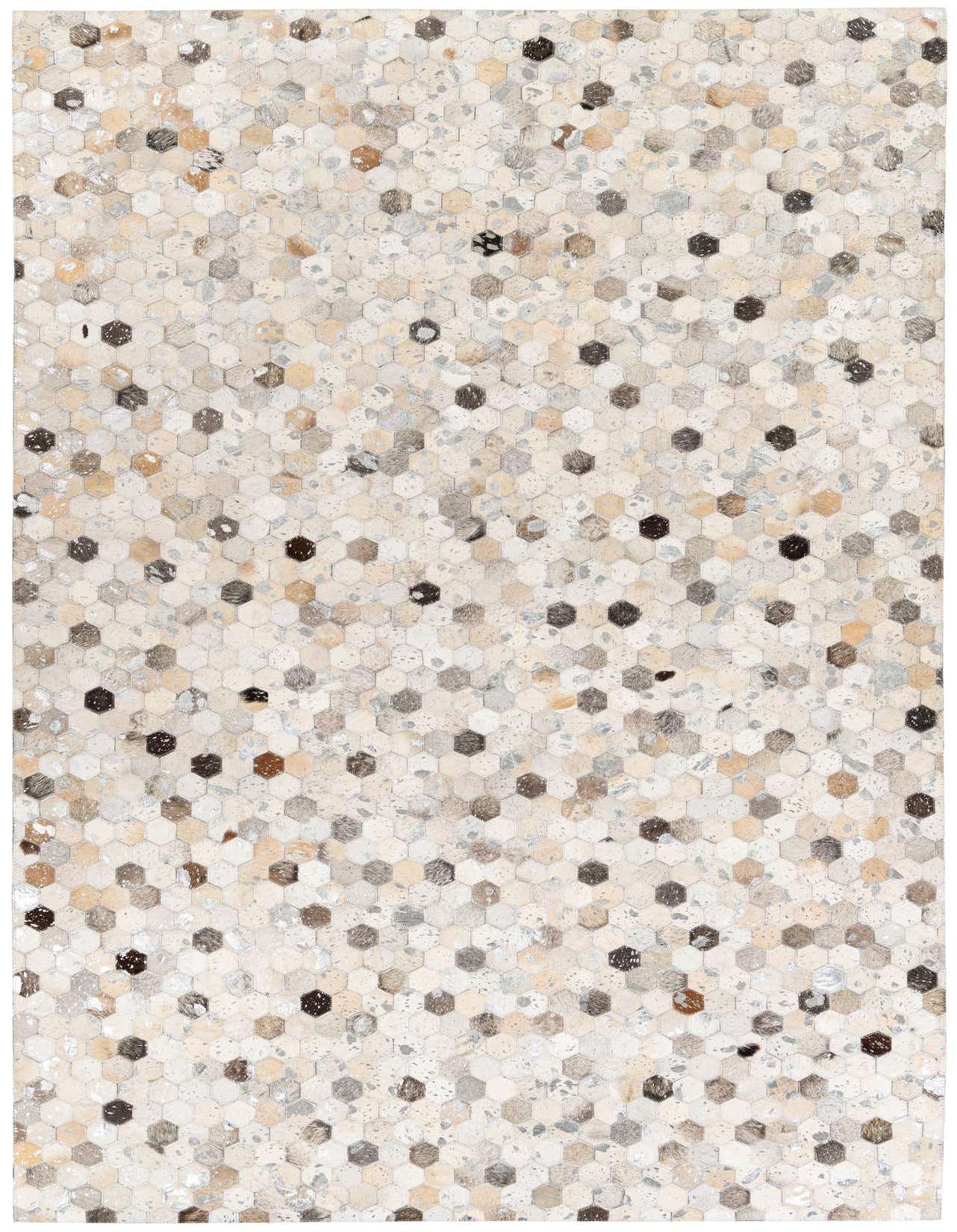 A 5x8 rectangular Cowhide Stocks rug featuring a modern multi-colored hexagonal pattern in shades of beige, brown, and grey.